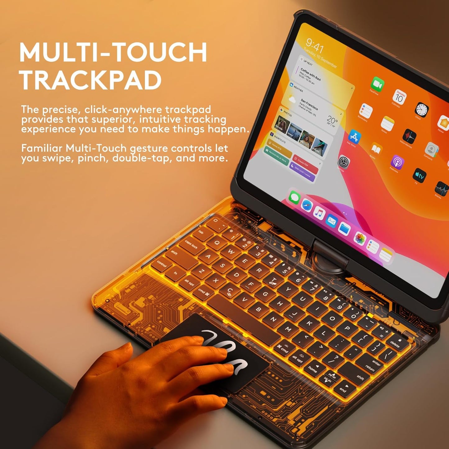 GUSGU Transparent Case with Wireless Keyboard for iPad 10.2-in (7th, 8th, and 9th Gen), 7 Colors Backlight, Trackpad, 360°Rotating Stand, Tech Style