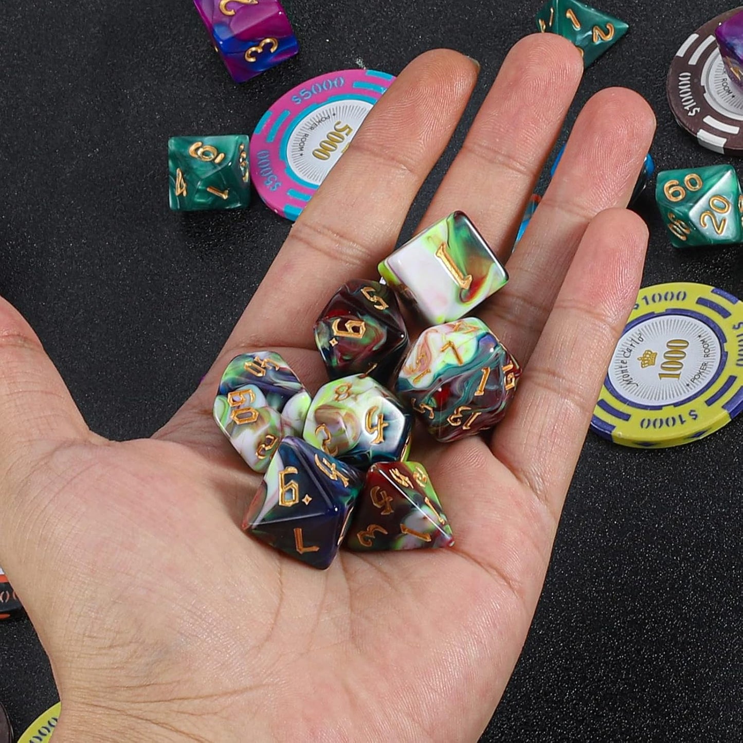 QMAY DND Dice Set - Polyhedral Dice (Blue Mix Blood red) 7 Pcs for Dungeon and Dragons D&D RPG Role Playing Games Dice with Dice Bag