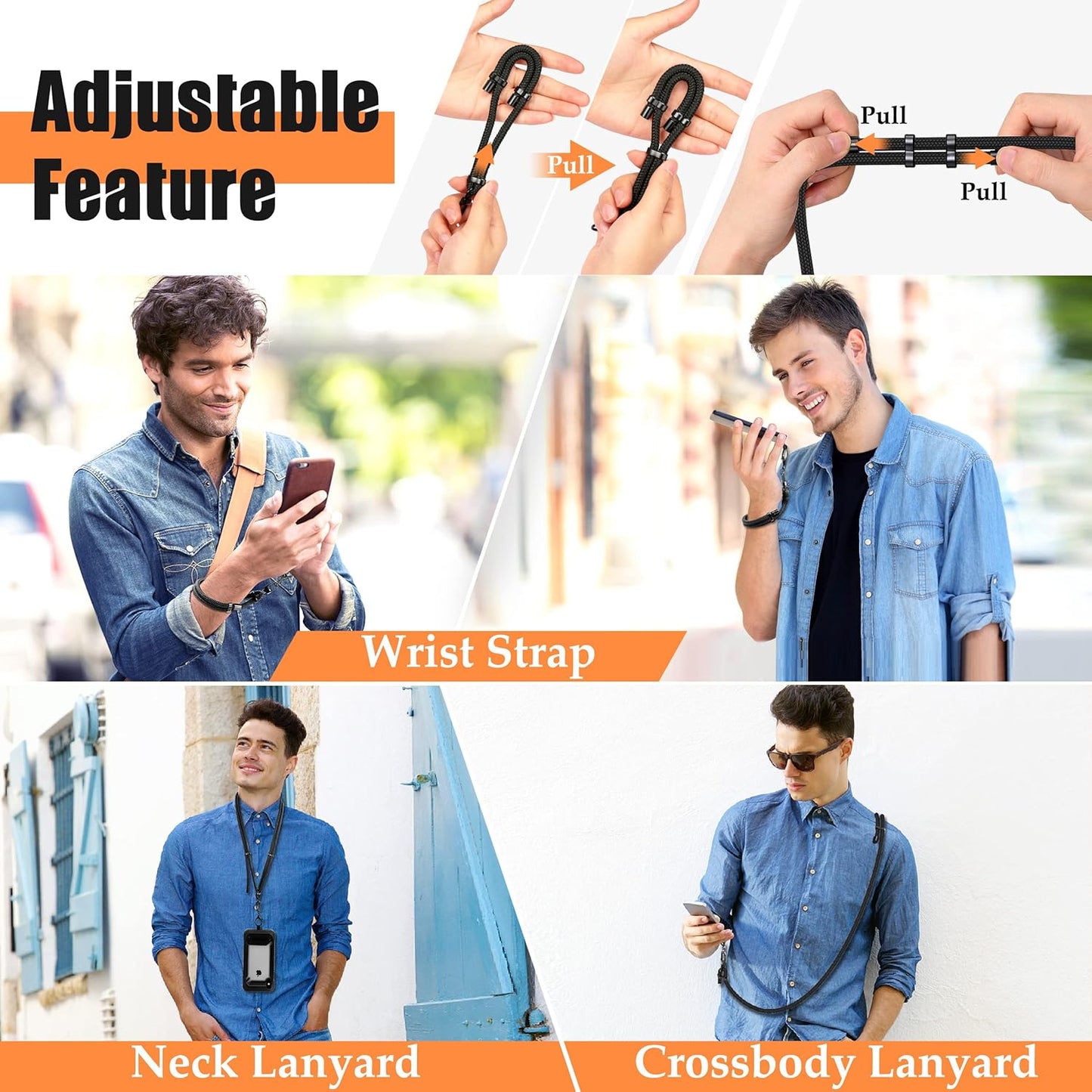 Kaptron Universal Phone Lanyard with Wrist Strap, Adjustable Crossbody Cell Phone Lanyard Neck Strap and Wristlet Strap with 2 Lobster Clips, Phone Tether Patches and Phone Straps (Black, 2 Pack)