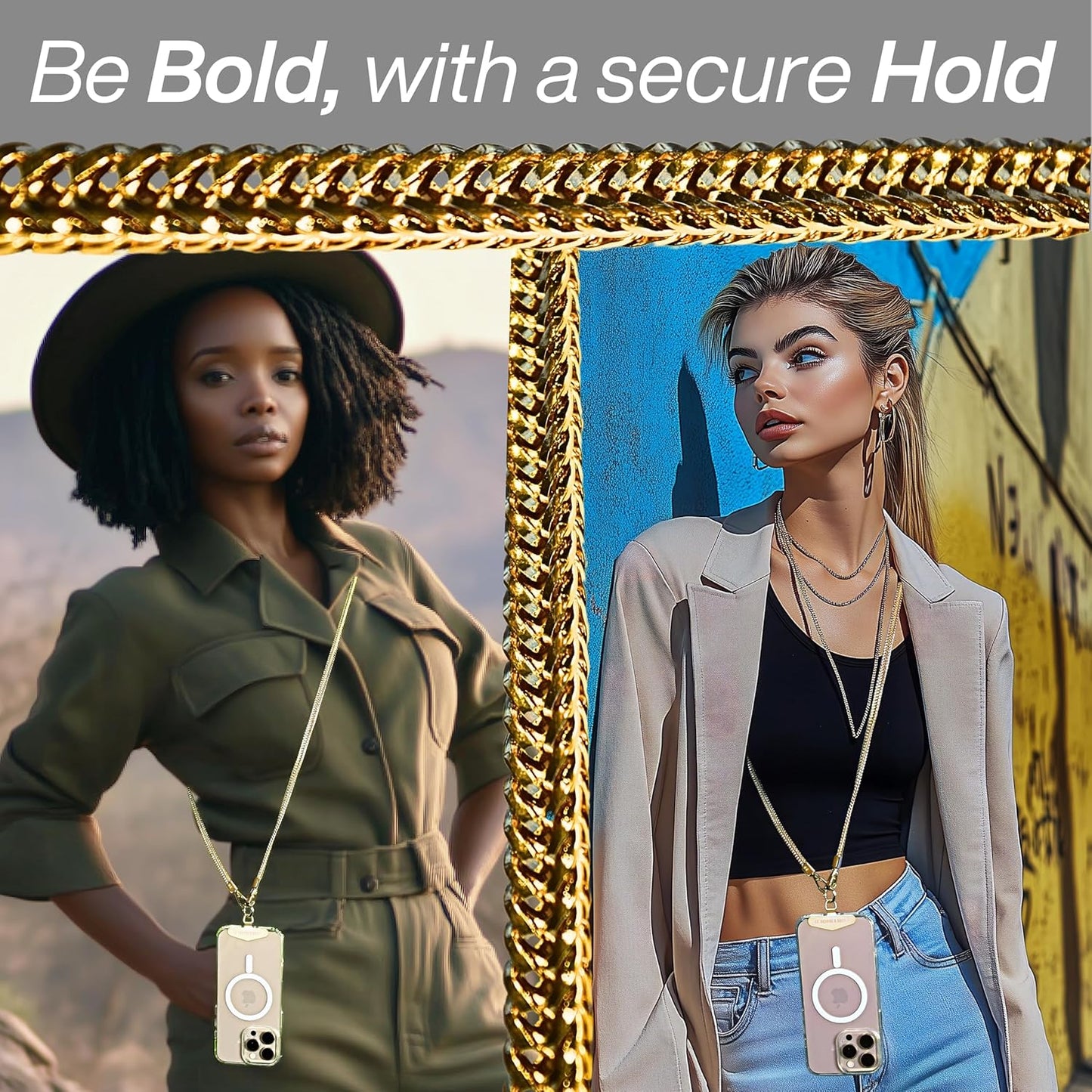 Crossbody Phone Chain - Secure Tether - Trendy Gold-Colored Foxtail - Hands-Free Chic Phone Lanyard Strap - Anti-Theft - Universal Compatability