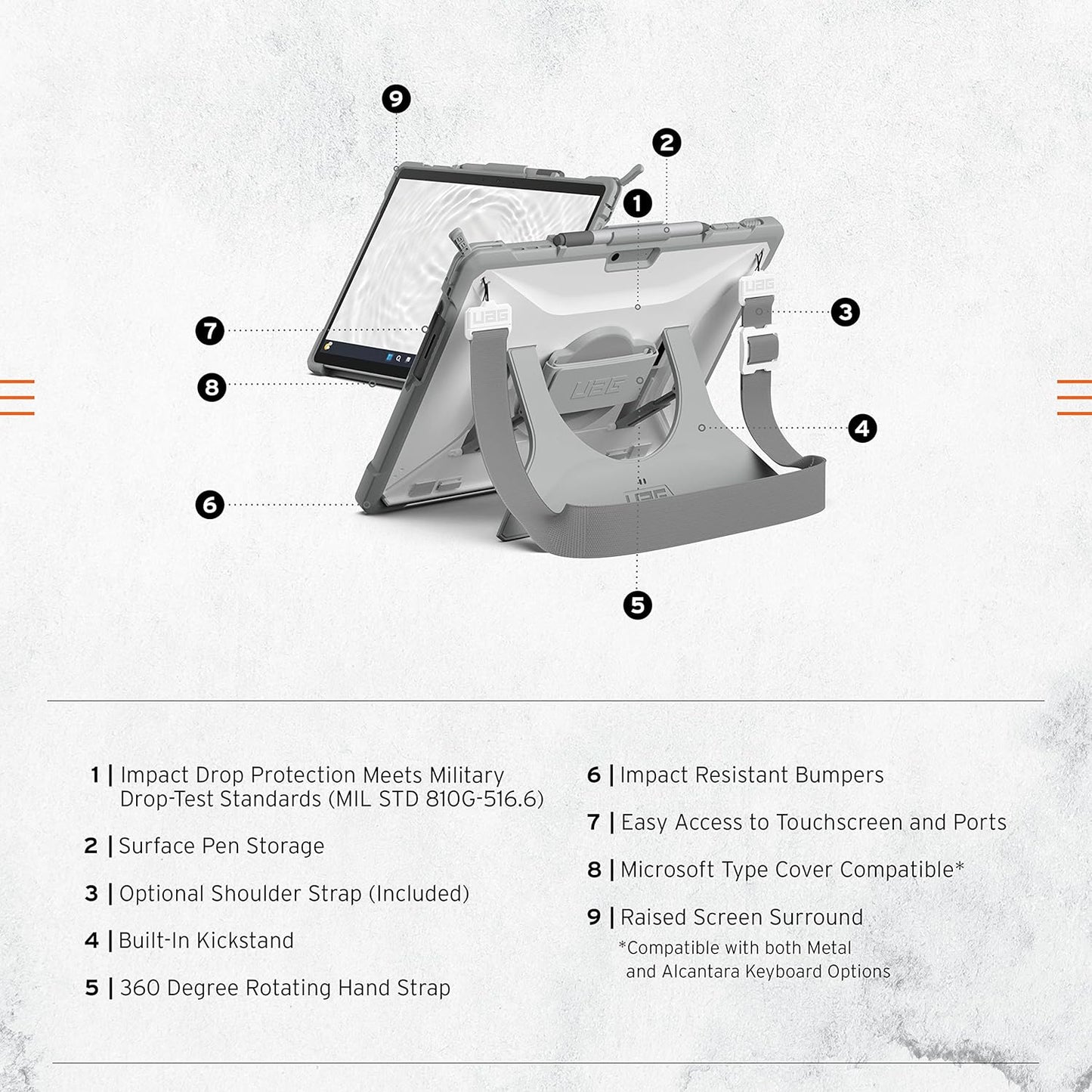 URBAN ARMOR GEAR UAG Designed for Microsoft Surface Pro 11/10/9 Case Plasma Healthcare White/Gray Dropproof Rugged Protective Cover with Multi-angle Built-in Kickstand Pen Holder Hand & Shoulder Strap