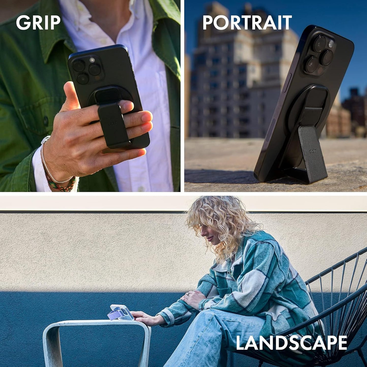 CLCKR for MagSafe Phone Grip for MagSafe Kickstand Compatible with Mag Safe Finger Loop, 3-in1 Phone Ring Holder Strap for Mag Safe iPhone 16/15/14/13/12 Series, Galaxy S25/S24/S23/S22, Pixel - Black