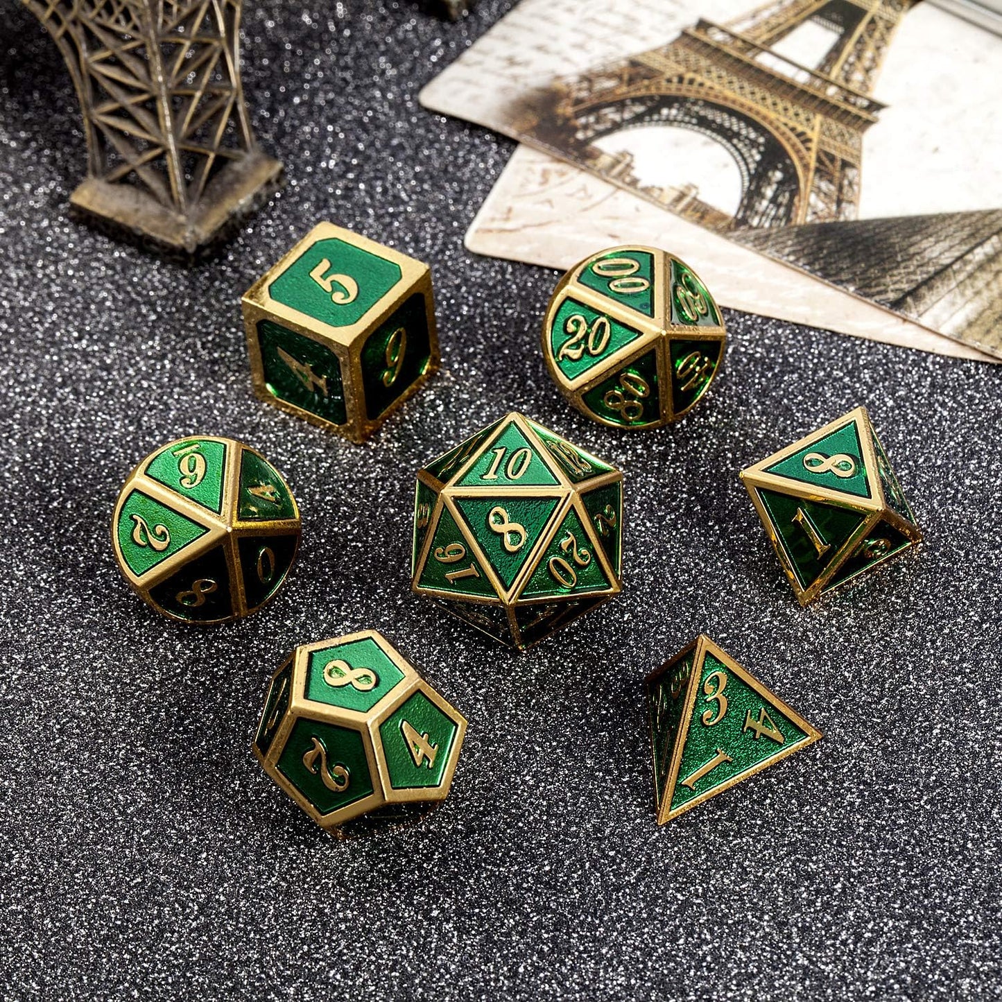 Metal Dice Set D&D, DNDND 7 Die Green DND Dice with Metal Case for Dungeons and Dragons Role Playing Game and Tabletop Games (Gold Number with Enamel Green)