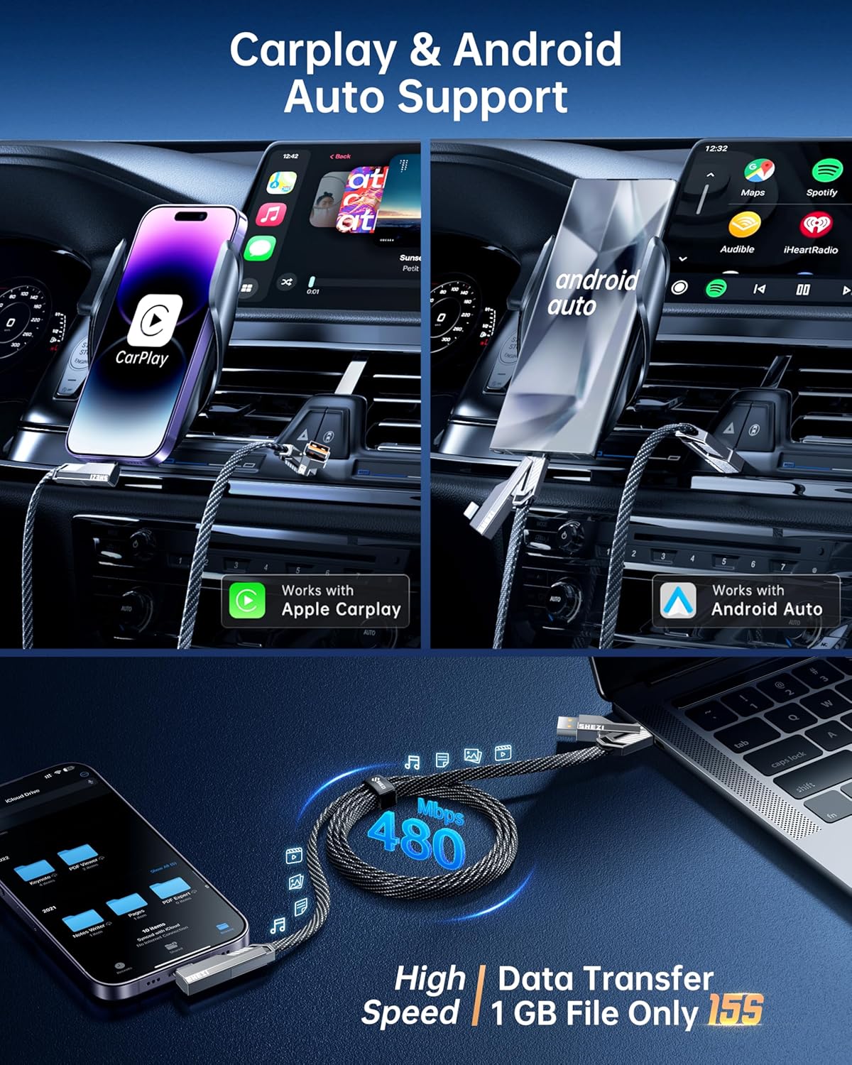 4-in-1 Long USB C Cable 10FT Compatible with Lightning Cable 90 Degree Fast Charging Flat Nylon Braided for iPhone/iPad Charger Cord Multi Charge Cord with L/USB C/USB A Ports, Grey