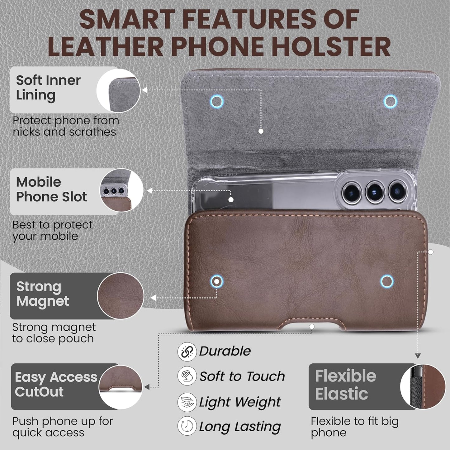 Leather Phone Holster for Men & Women, Horizontal Cell Phone Case -Fits iPhone Air 2025, 16/15/14 Plus/11 Pro Max, XS Max, Belt Clip/Loop Carrying Phone Pouch Holder, Brown Large.