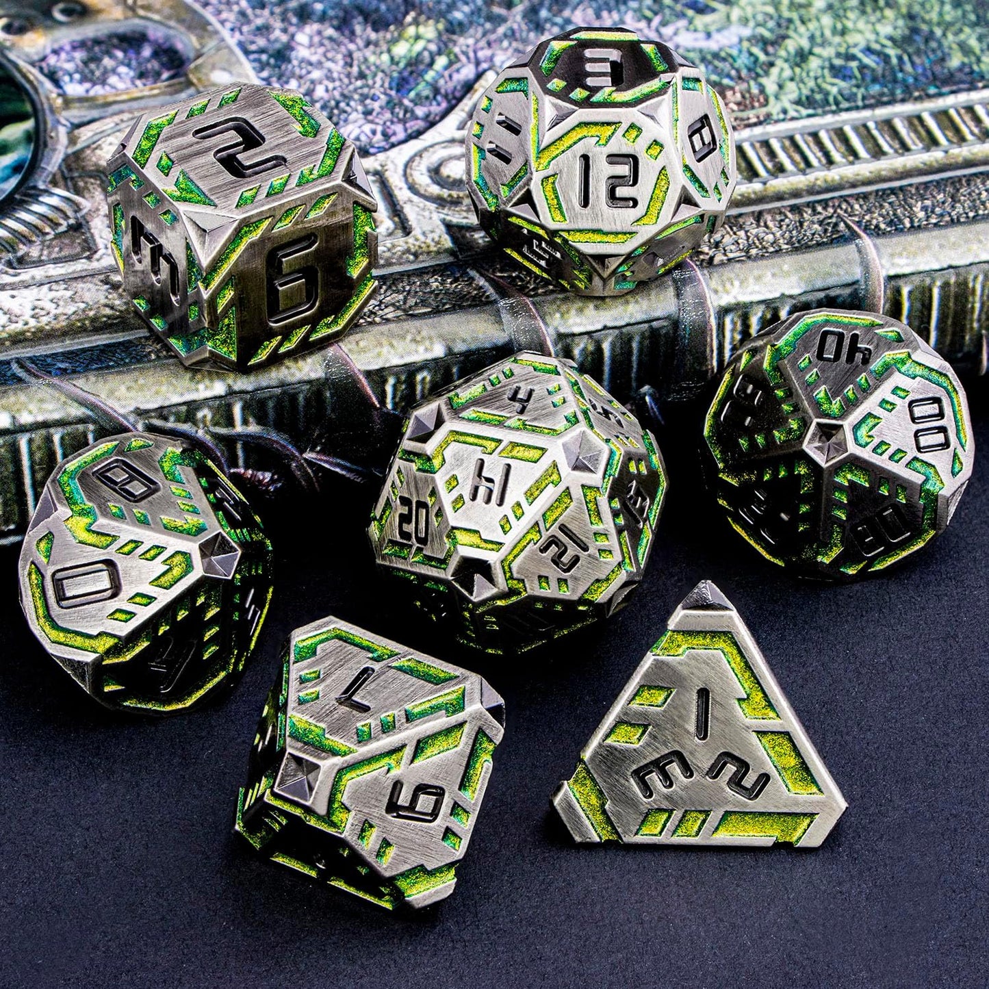Metal DND Sci-fi Dice Set 7PCS Stripe Polyhedral Dice for Dungeons Dragons RPG Role Playing Game, Glitter D and D Dice with Gift Box D6 D8 D10 D12 D20 (Grey&Green Yellow)