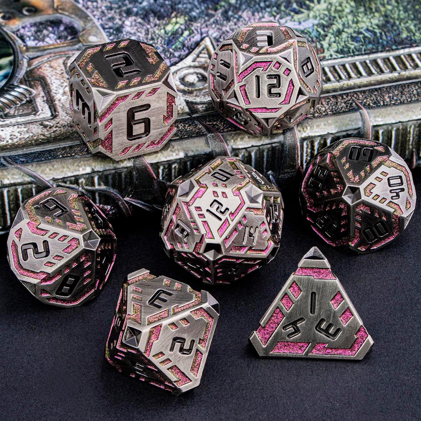 Metal DND Sci-fi Dice Set 7PCS Stripe Polyhedral Dice for Dungeons Dragons RPG Role Playing Game, Glitter D and D Dice with Gift Box D6 D8 D10 D12 D20 (Grey&Purple Red)