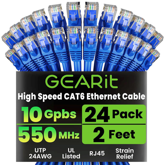 GearIT Cat 6 Ethernet Cable Pack - 24-Pack 2 ft Cat6 Ethernet Patch Cables | RJ45 Network Patch Cable, 10 Gbps Snagless Gold-Plated Connectors - Ethernet Cable Cat 6 for PC, TV, Router - Blue