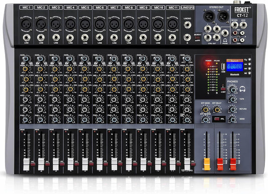 Pro DJ Mixer 12-Channel Audio Console - Bluetooth/USB Streaming, 48V Phantom Power, 3-Band EQ for Live Stage, Recording Studio & Karaoke Systems (CT-12)