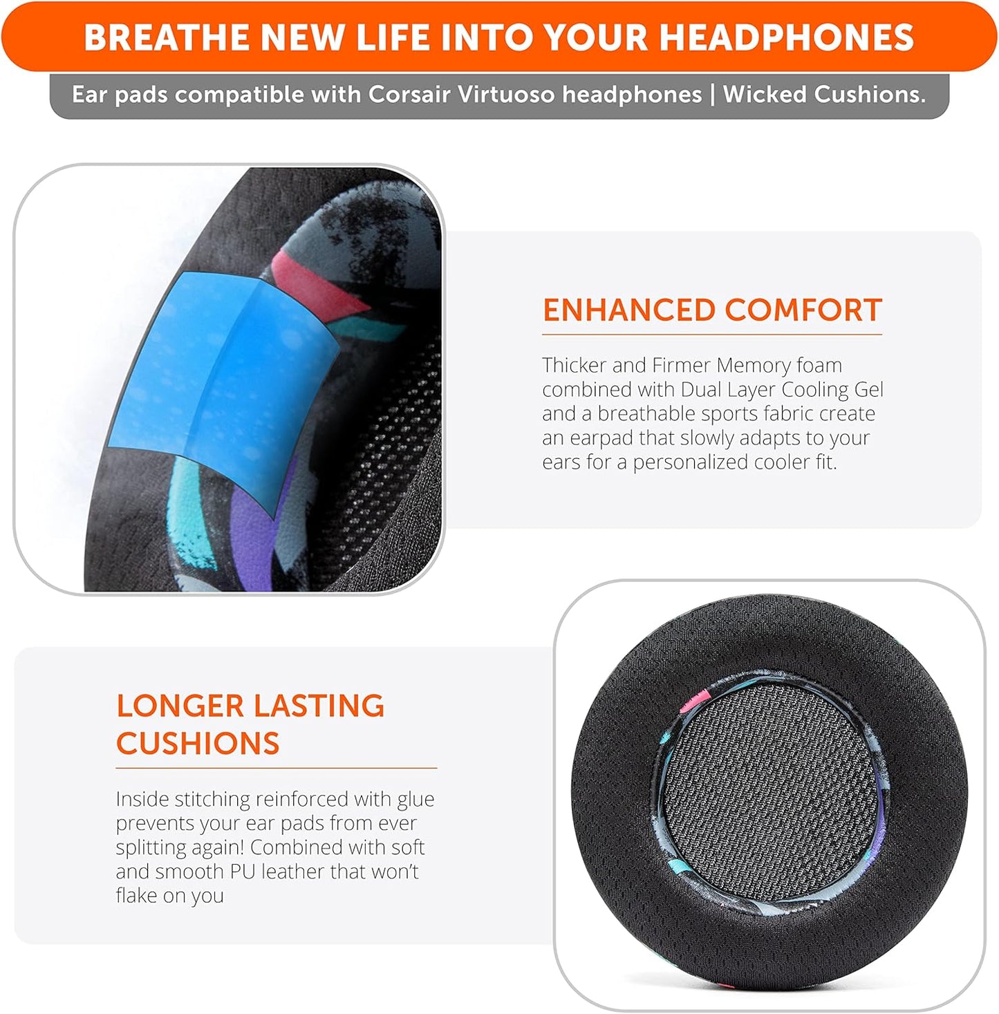 WC Freeze Virtuoso PadZ and Silicone BandZ Bundle Pack for Corsair Virtuoso Headphones | Cooling Gel Replacement Earpads and Silicone Headband Cover | 90's Black