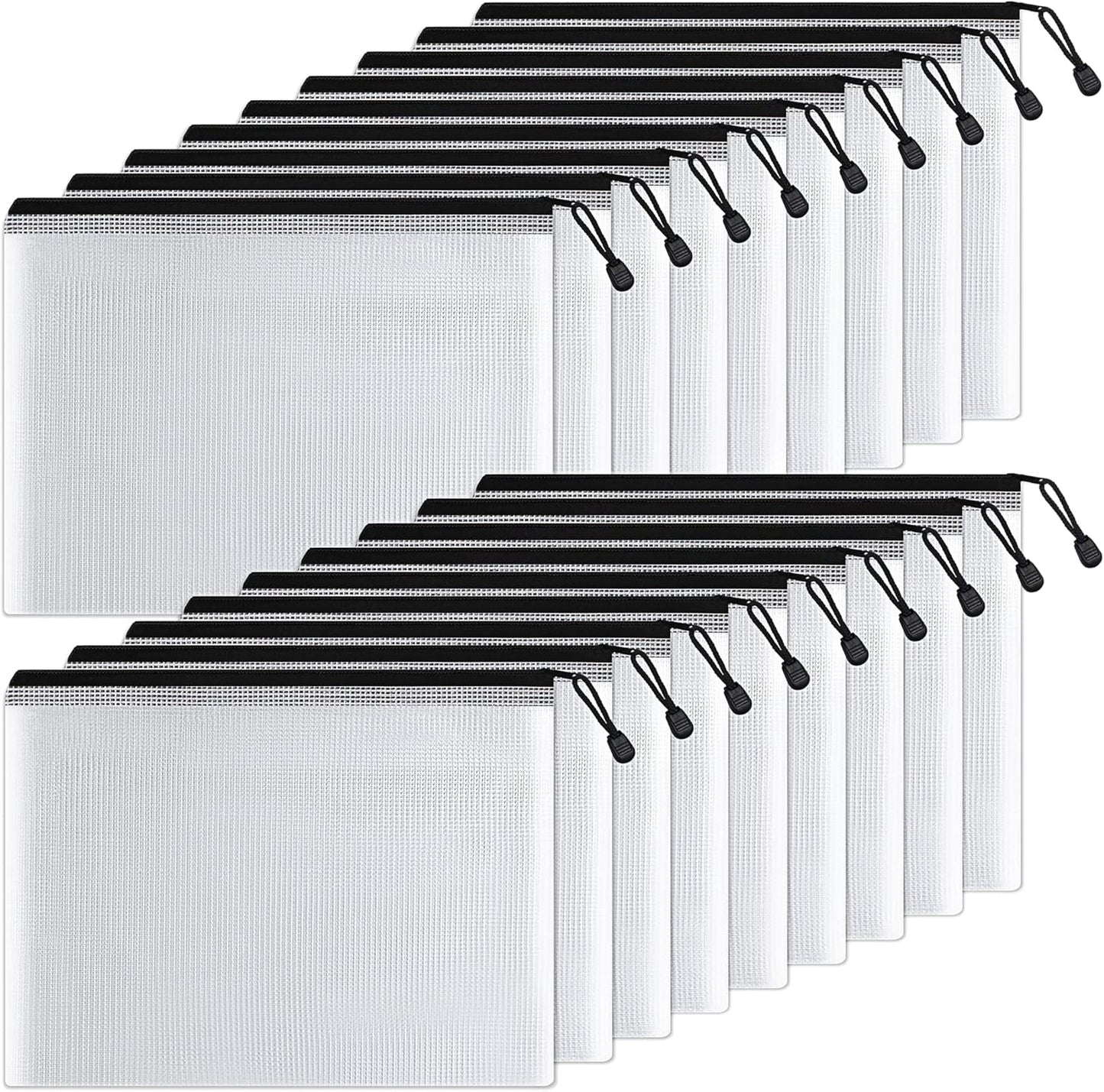 SUNEE Plastic Mesh Zipper Pouch 10x14 in (Black, 18 Packs),Extra Large Water-Resistant Zip Bag for School Office Supplies, Puzzles & Games Organizing Storage