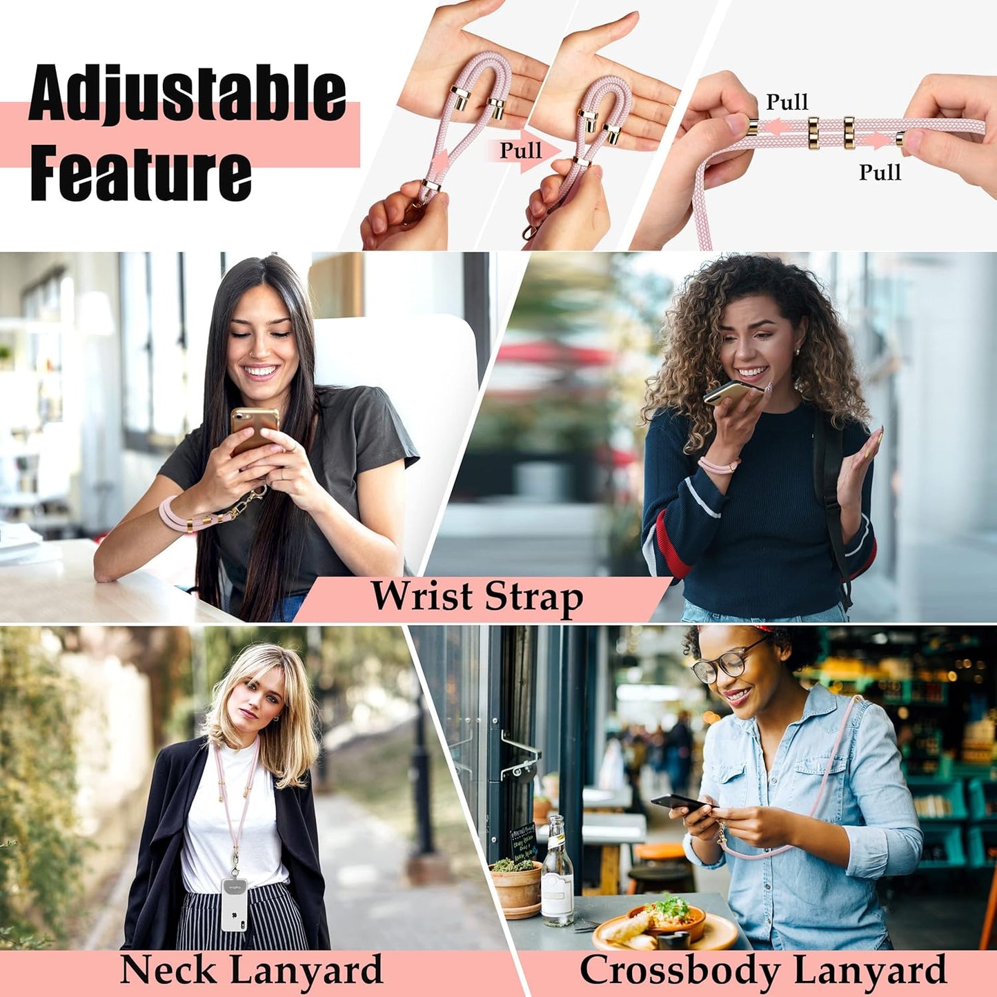 Universal Phone Lanyard With Adjustable Crossbody Neck Strap and Wristlet, 2 Lobster Clips, Tether Patches and Phone Straps (Pink, 2 Pack)