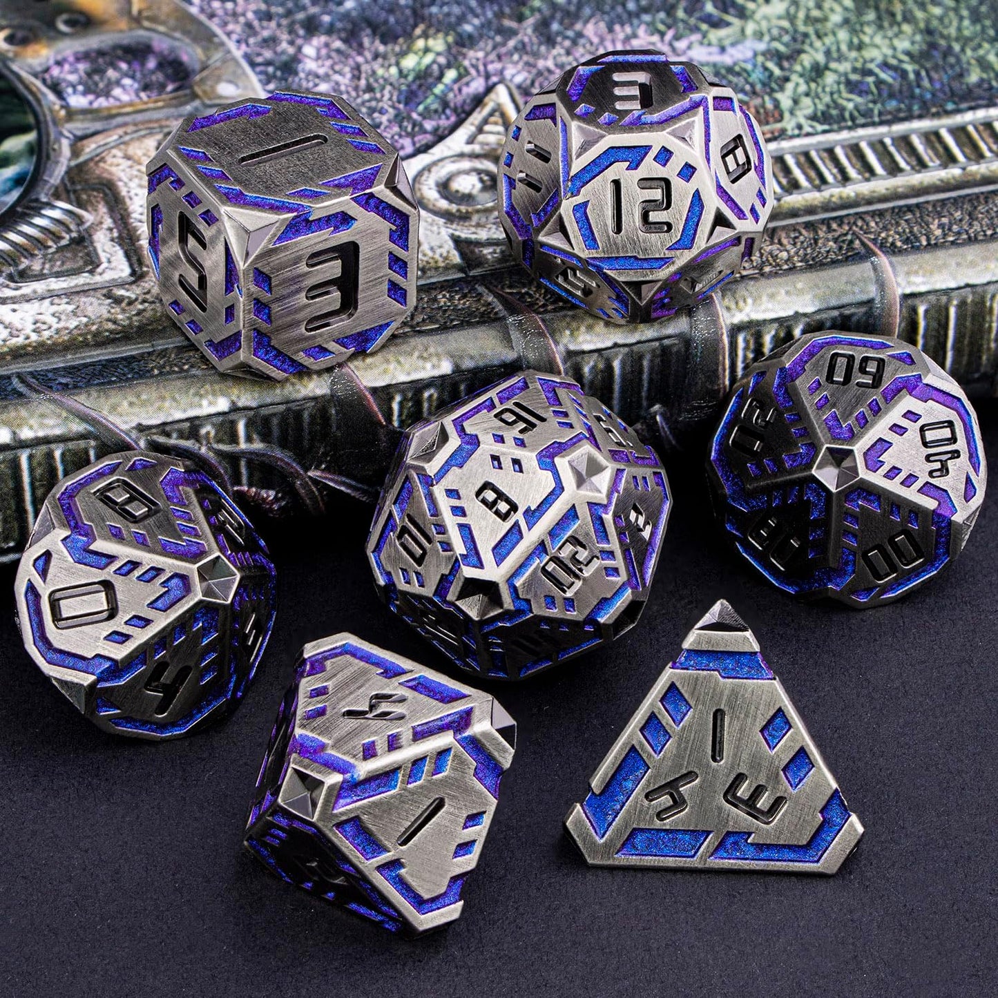 Metal DND Sci-fi Dice Set 7PCS Stripe Polyhedral Dice for Dungeons Dragons RPG Role Playing Game, Glitter D and D Dice with Gift Box D6 D8 D10 D12 D20 (Blue Purple&Grey)