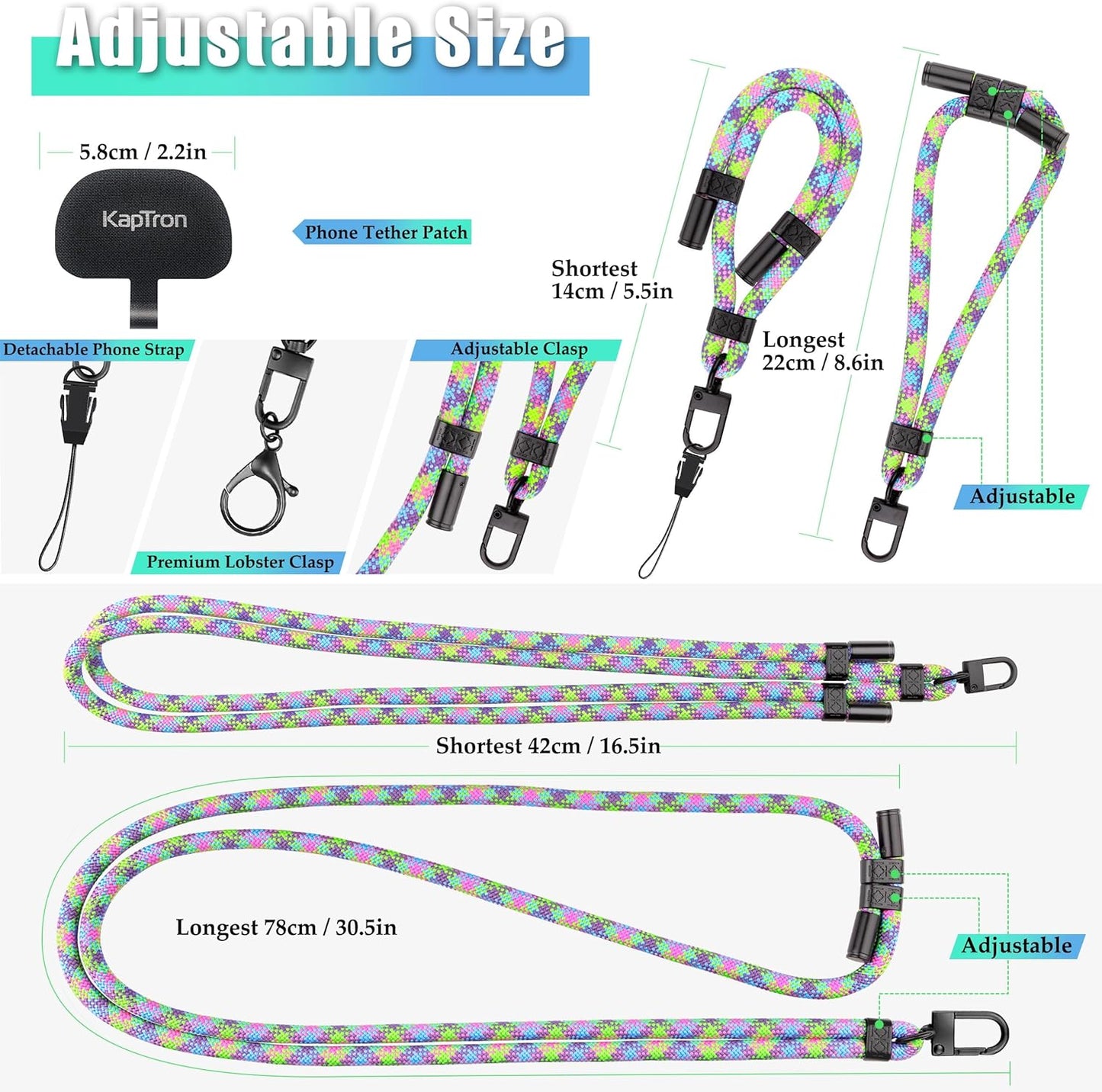 Universal Phone Lanyard with Wrist Strap, Adjustable Crossbody Cell Phone Lanyard Neck Strap and Wristlet Strap with 2 Lobster Clips, Phone Tether Patches and Phone Straps (Mixed Green,2 Pack)