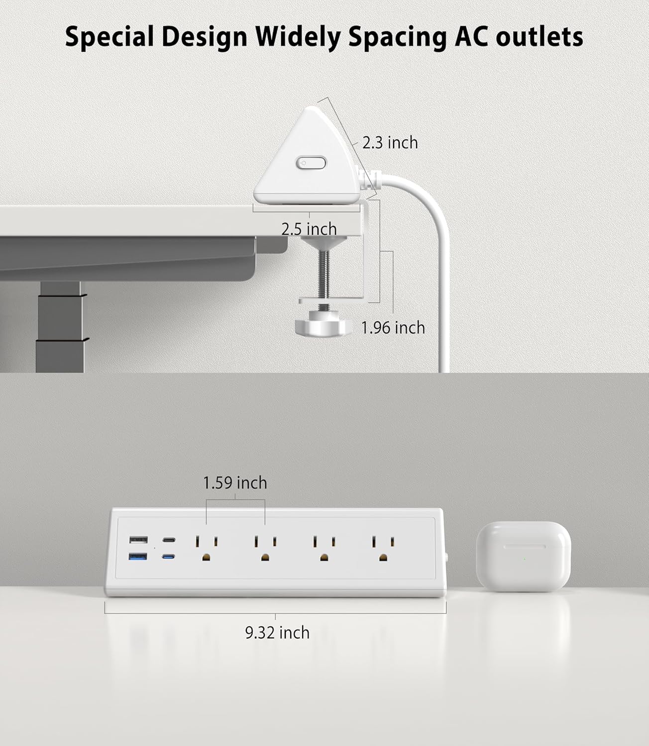 Jgstkcity Desk Clamp Power Strip,20W Fast Charging Station,Surge Protector Nightstand Edge Mount,1875W Extension Cord with Multiple Outlets,2 USB-C,2 USB-A,for Home Office (White, 2PCS-6 FT)