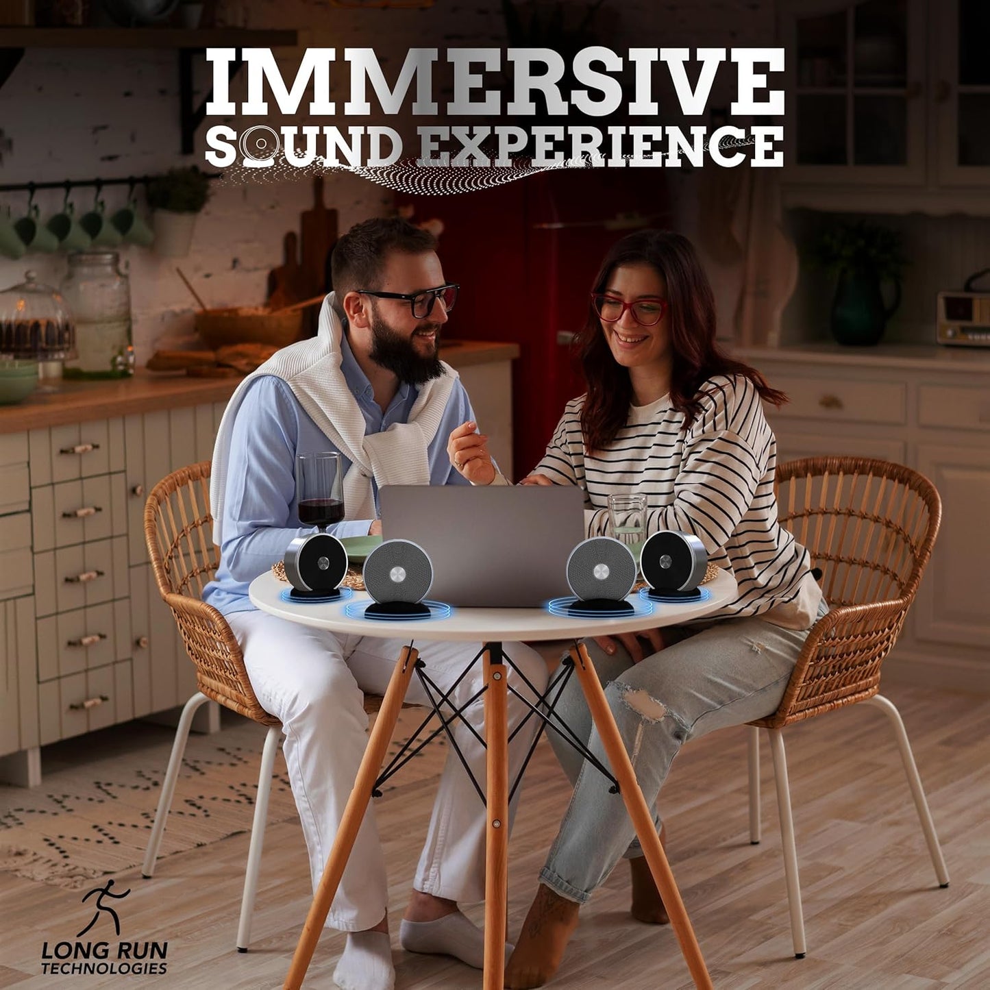 Bluetooth Speaker Set: Wireless Stereo Dual Pairing Portable Twin TWS System With Big Rich Bass Hi-Fi Multi-Room Indoor Outdoor Use Home Deck Pool Work Travel Party Camping Gift Decor Idea (Chrome)