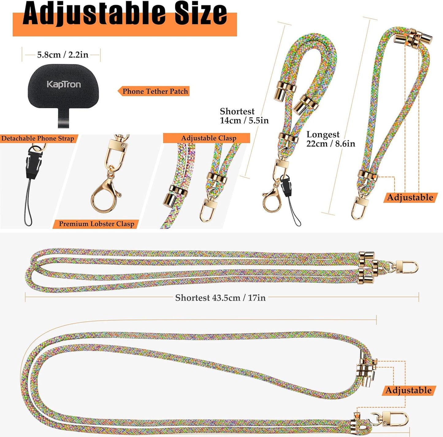 Kaptron Universal Phone Lanyard with Wrist Strap, Adjustable Crossbody Cell Phone Lanyard and Wrist Strap with Phone Tethers