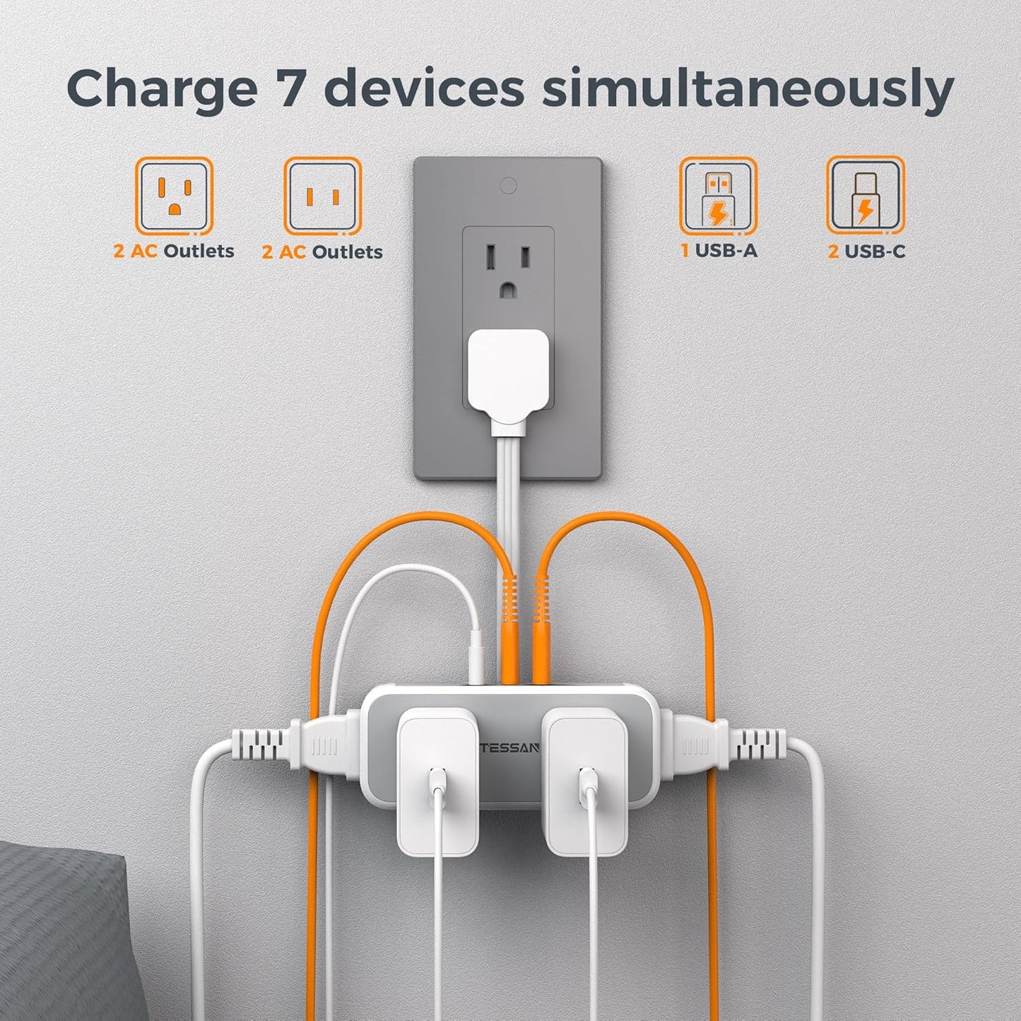 Short Extension Cord 6 inch, TESSAN Flat Plug Power Strip with 4 AC Outlets 3 USB (2 USB C) Ports, Small Charging Station for Cruise Ship Travel, Desk Organizers for Home Office Dorm Room Essentials