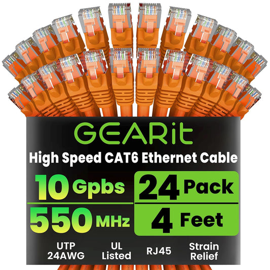 GEARit Cat 6 Ethernet Cable (24-Pack 4 Feet) Cat6 Network Patch, 10Gbps, RJ45, Snagless Cord, Gold-Plated Connectors, Internet for PC, TV, Tablet, Router, Printer, Servers, IT Data Center - Orange