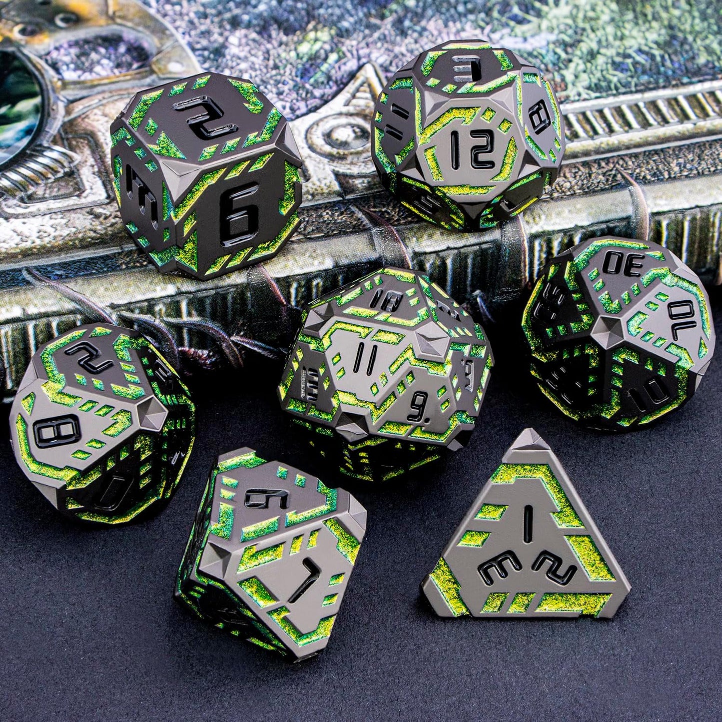 Metal DND Sci-fi Dice Set 7PCS Stripe Polyhedral Dice for Dungeons Dragons RPG Role Playing Game, Glitter D and D Dice with Gift Box D6 D8 D10 D12 D20 (Black&Green Yellow)