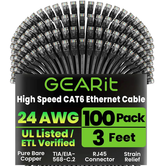 GEARit Cat 6 Ethernet Cable Pack - 100-Pack 3 ft Cat6 Ethernet Patch Cables | RJ45 Network Patch Cable, 10 Gbps Snagless Gold-Plated Connectors - Ethernet Cable Cat 6 for PC, TV, Router - Black