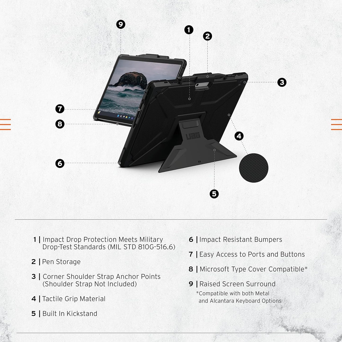 URBAN ARMOR GEAR UAG Designed for Microsoft Surface Pro 11/10/9 Case with Built-in Kickstand & Pen Holder Compatible with Type Cover Keyboard Rugged Heavy Duty Protective Cover, Metropolis Black