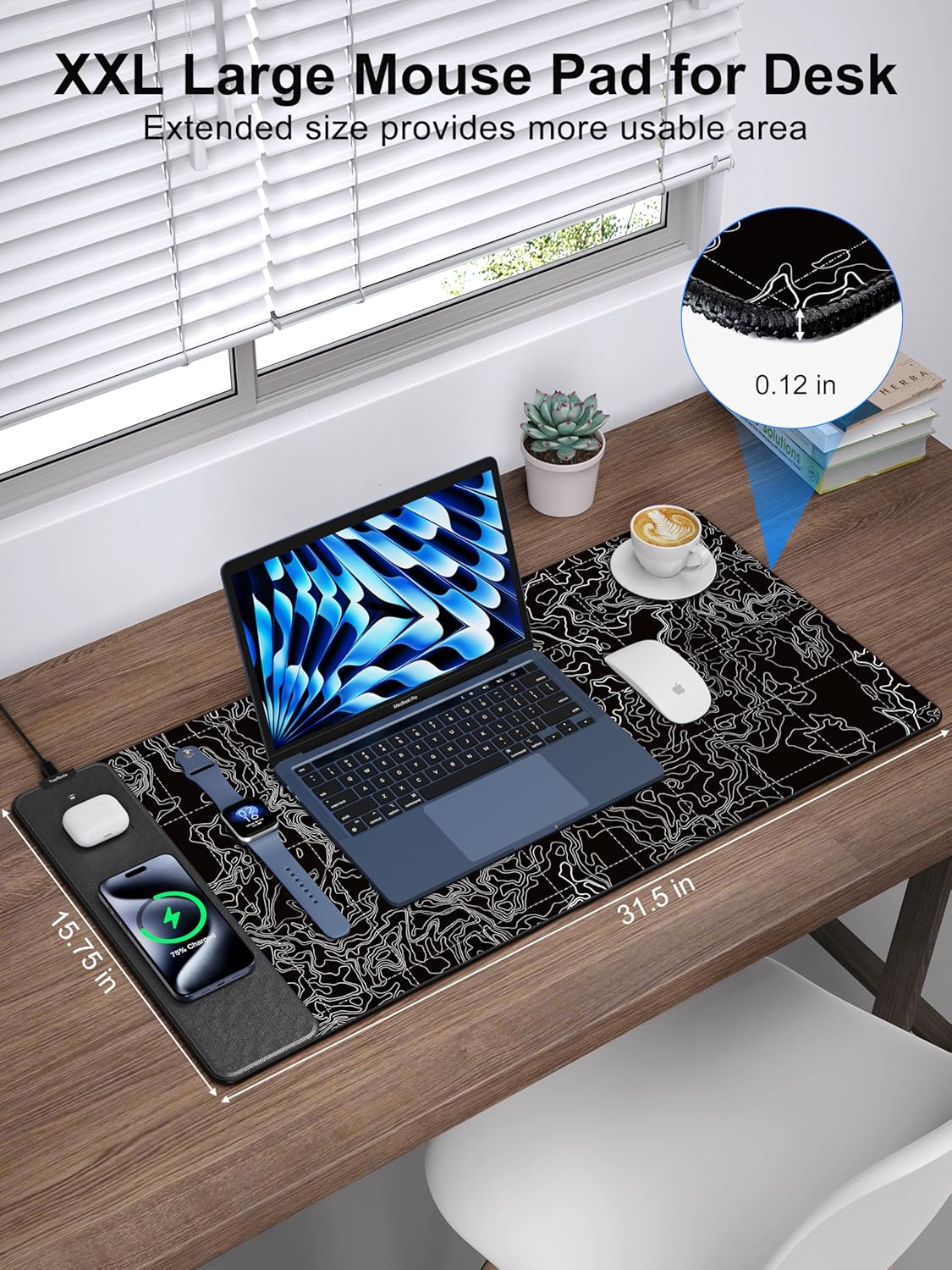 TopMade Mouse Pad with 15W Fast Wireless Charging, 31.5"x15.75" XXL Large Gaming Waterproof Desk Pad with Ultra-Smooth Surface, Non-Slip Base, Computer Desk Mat, Black Topographic Map #3