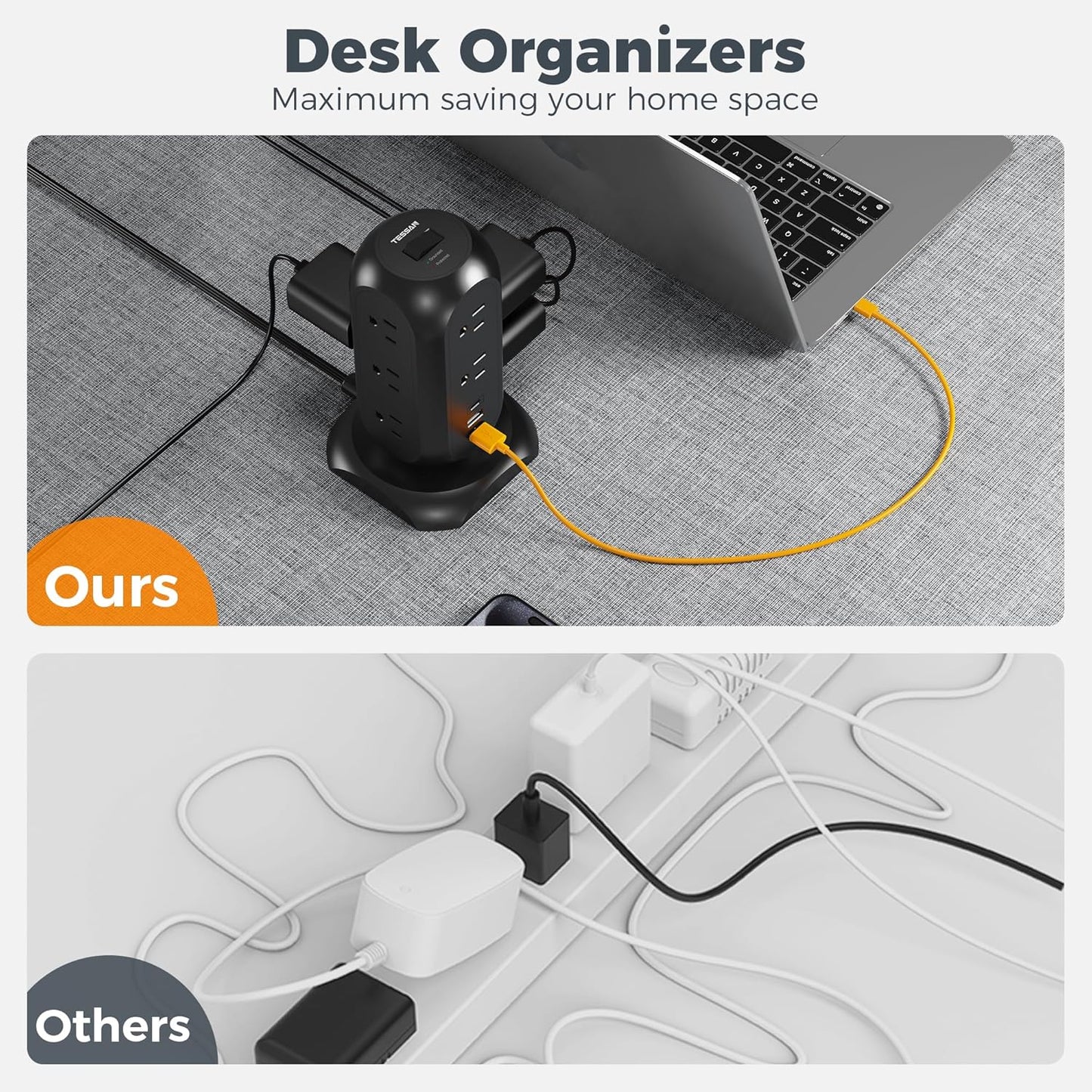 TESSAN Surge Protector Power Strip Tower with 3 USB Ports 11 Outlets, 1875W/15A, Black Extension Cord 6 Feet, 1050J Protection Desktop Charging Station for Office School Dorm Room Essentials