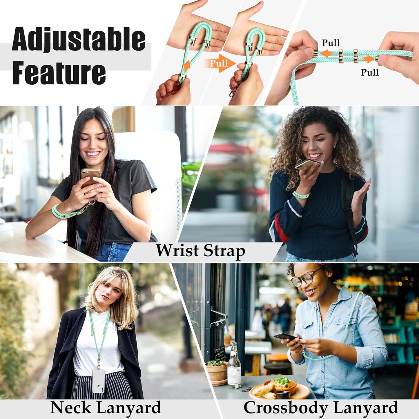 Universal Phone Lanyard with Wrist Strap, Adjustable Crossbody Cell Phone Lanyard Neck Strap and Wristlet Strap with 2 Lobster Clips, Phone Tether Patches and Phone Straps (Mint Green, 2 Pack)