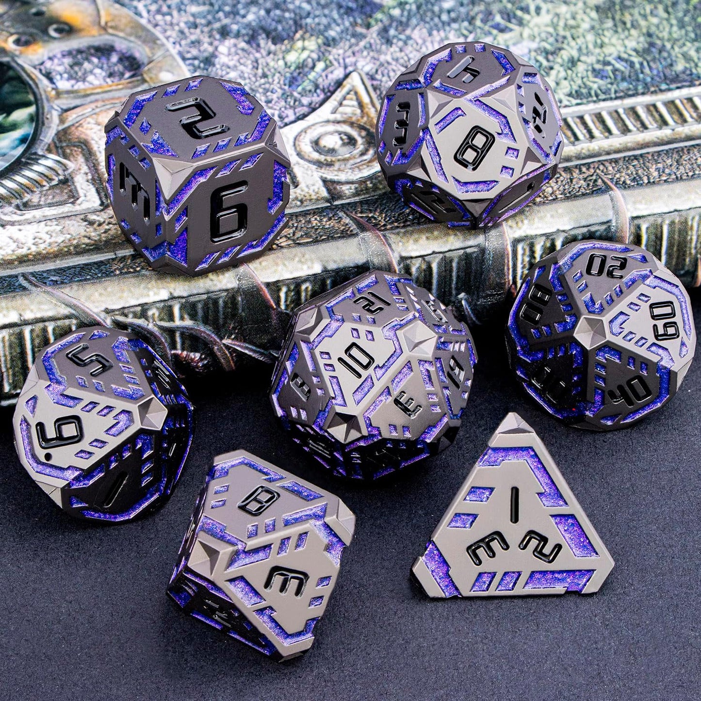 Metal DND Sci-fi Dice Set 7PCS Stripe Polyhedral Dice for Dungeons Dragons RPG Role Playing Game, Glitter D and D Dice with Gift Box D6 D8 D10 D12 D20 (Black Purple) ﻿