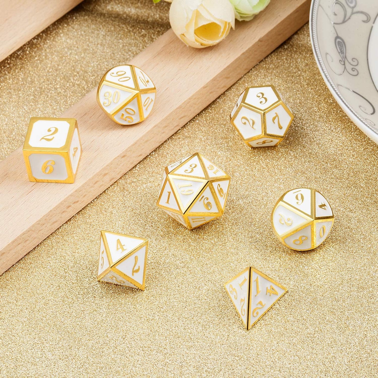 DnDnD White with Gold Number DND Dice Sets,Solid Metal Die with Free Gorgeous Metal Tin for Dungeons and Dragons D&D Role Playing Game Tabletop Games