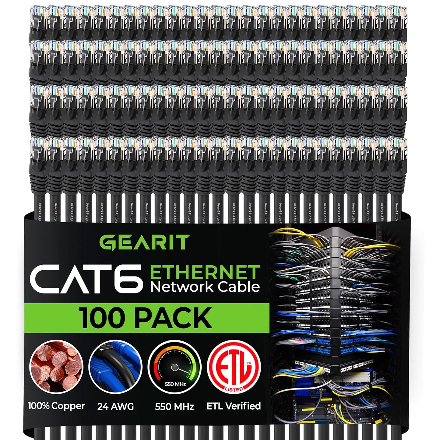 GEARit Cat 6 Ethernet Cable Pack - 100-Pack 0.5 ft Cat6 Ethernet Patch Cables | RJ45 Network Patch Cable, 10 Gbps Snagless Gold-Plated Connectors - Ethernet Cable Cat 6 for PC, TV, Router - Black