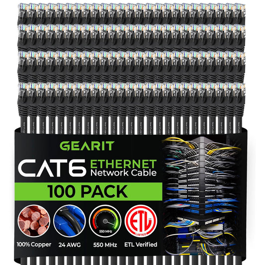 GEARit Cat 6 Ethernet Cable Pack - 100-Pack 0.5 ft Cat6 Ethernet Patch Cables | RJ45 Network Patch Cable, 10 Gbps Snagless Gold-Plated Connectors - Ethernet Cable Cat 6 for PC, TV, Router - Black