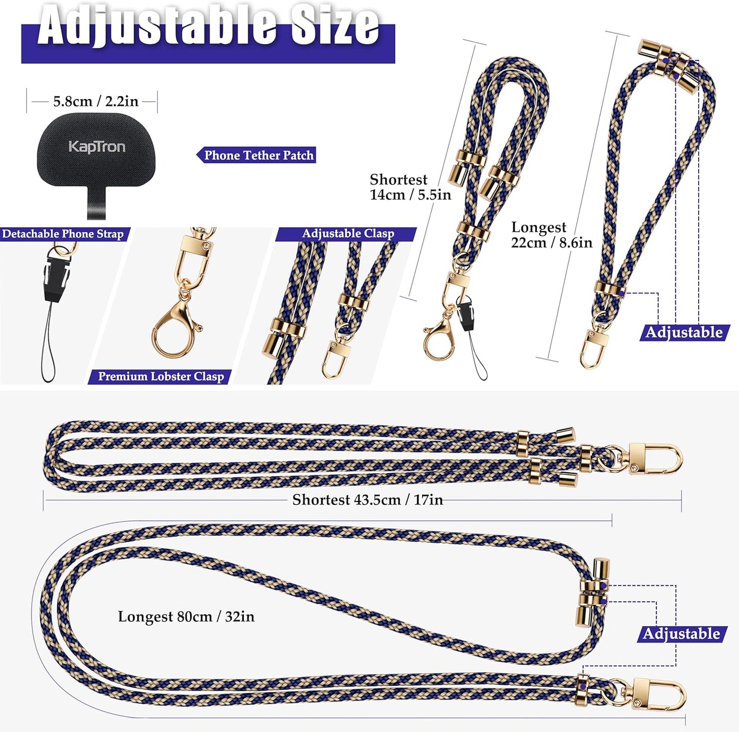 Universal Phone Lanyard with Wrist Strap, Adjustable Crossbody Cell Phone Lanyard Neck Strap and Wristlet Strap with 2 Lobster Clips, Phone Tether Patches and Phone Straps (Beige/Navy Blue, 2 Pack)