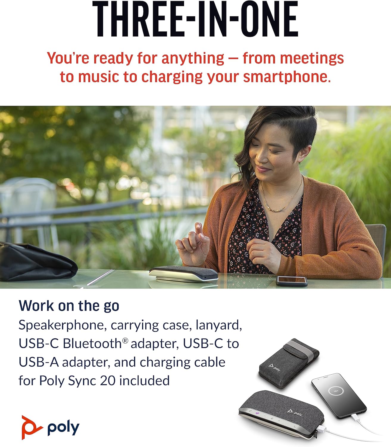 Poly Sync 20+ Personal Portable Bluetooth Speakerphone (Plantronics) – Noise/Echo Reduction – USB-C Bluetooth Adapter - Works w/Teams (Certified), Zoom, PC, Mac, Mobile – Amazon Exclusive