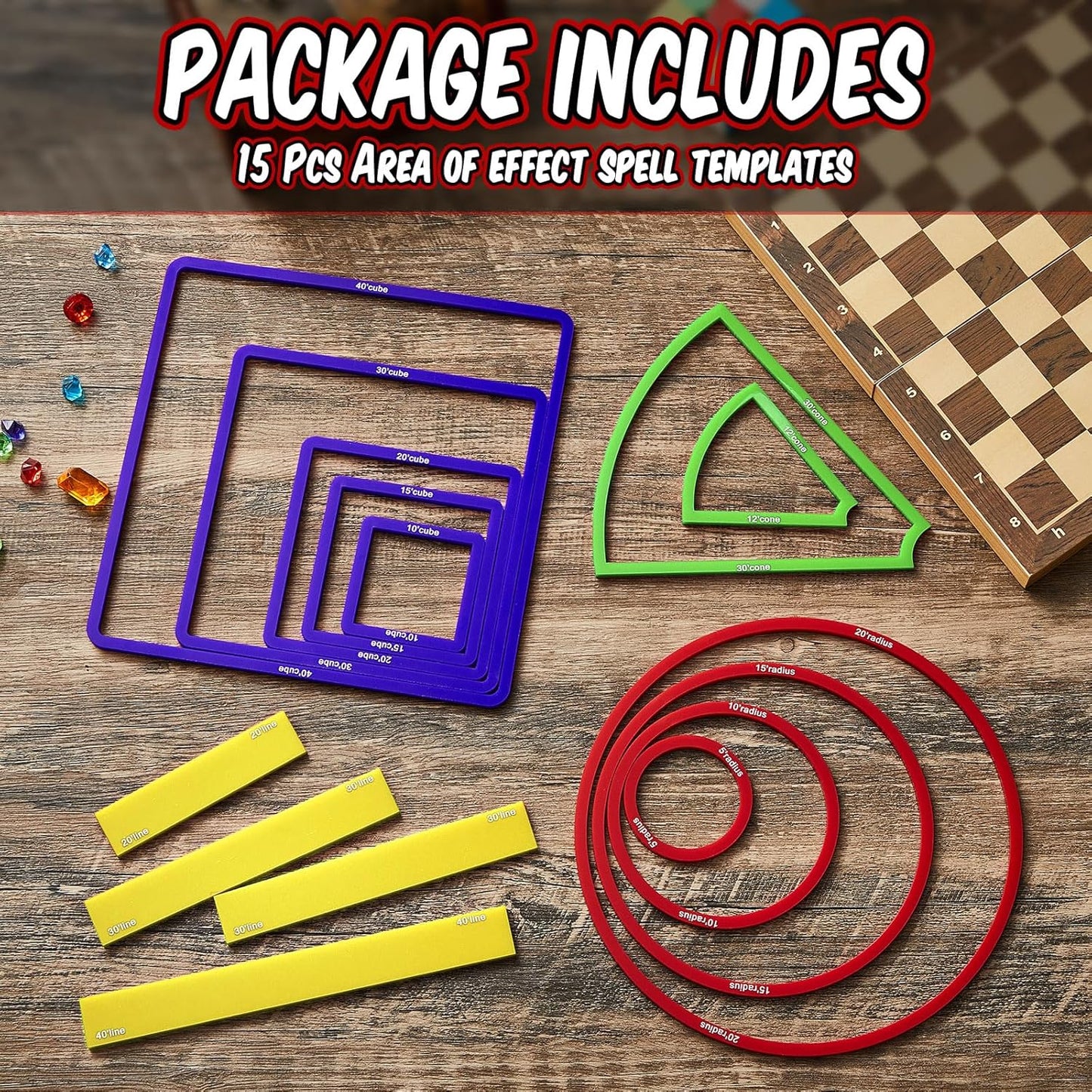 Sintuff 15 Pcs Spell AOE Damage Template Translucent Acrylic Area of Effect Spell Set Include 5 Cube 4 Circle 2 Cone 4 Line Templates for Gifts Tabletop RPG Gaming Accessories(Colorful)