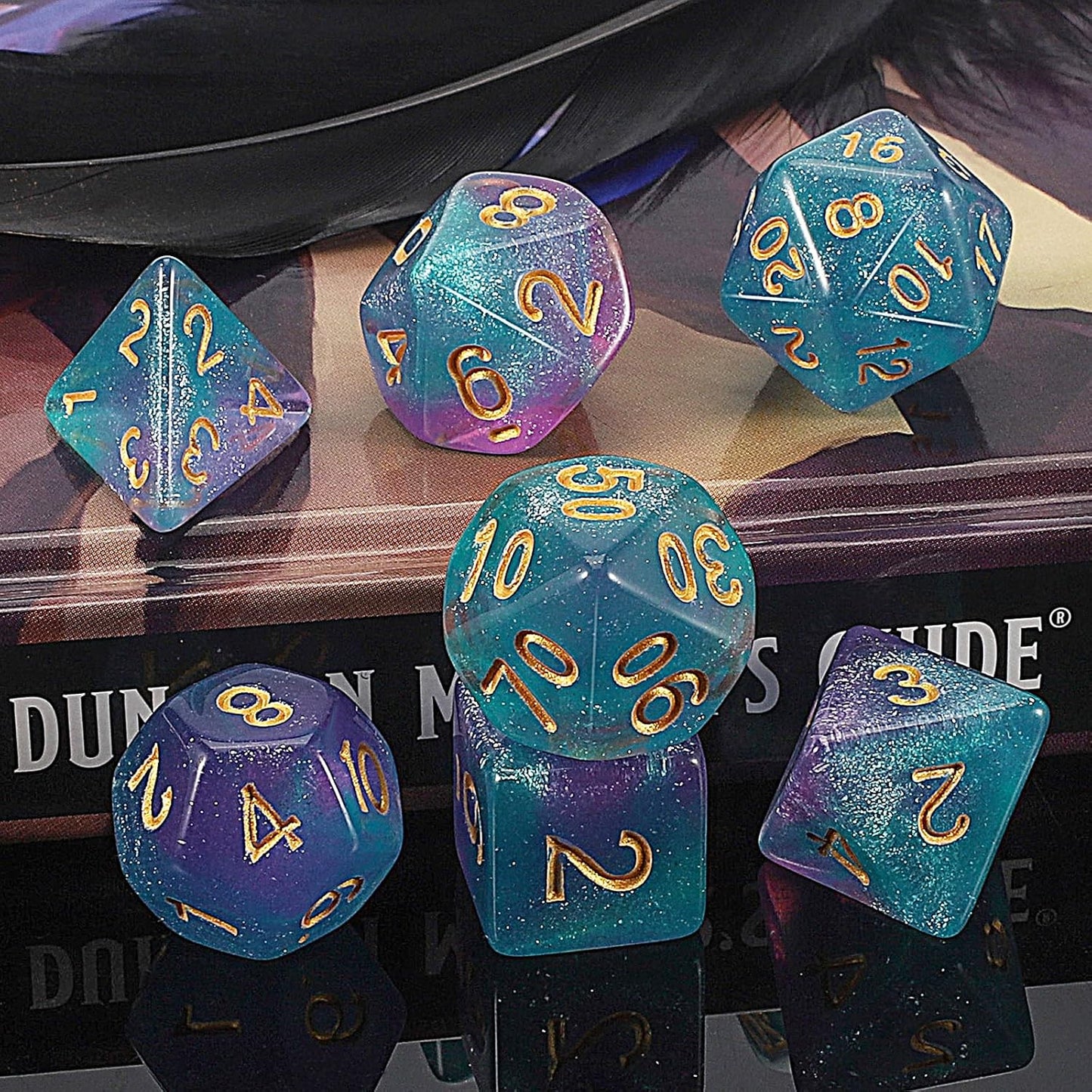 QMAY DND Dice Set -D&D Polyhedral Dice (7 Pcs) for Dungeons and Dragons (Purple Light Blue Glitter)