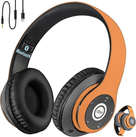 iJoy Bluetooth Headphones Over Ear, Wireless and Wired Foldable Headset Built-in Microphone, FM, Micro SD Card Slot - (Orange) Adults Kids Men Women