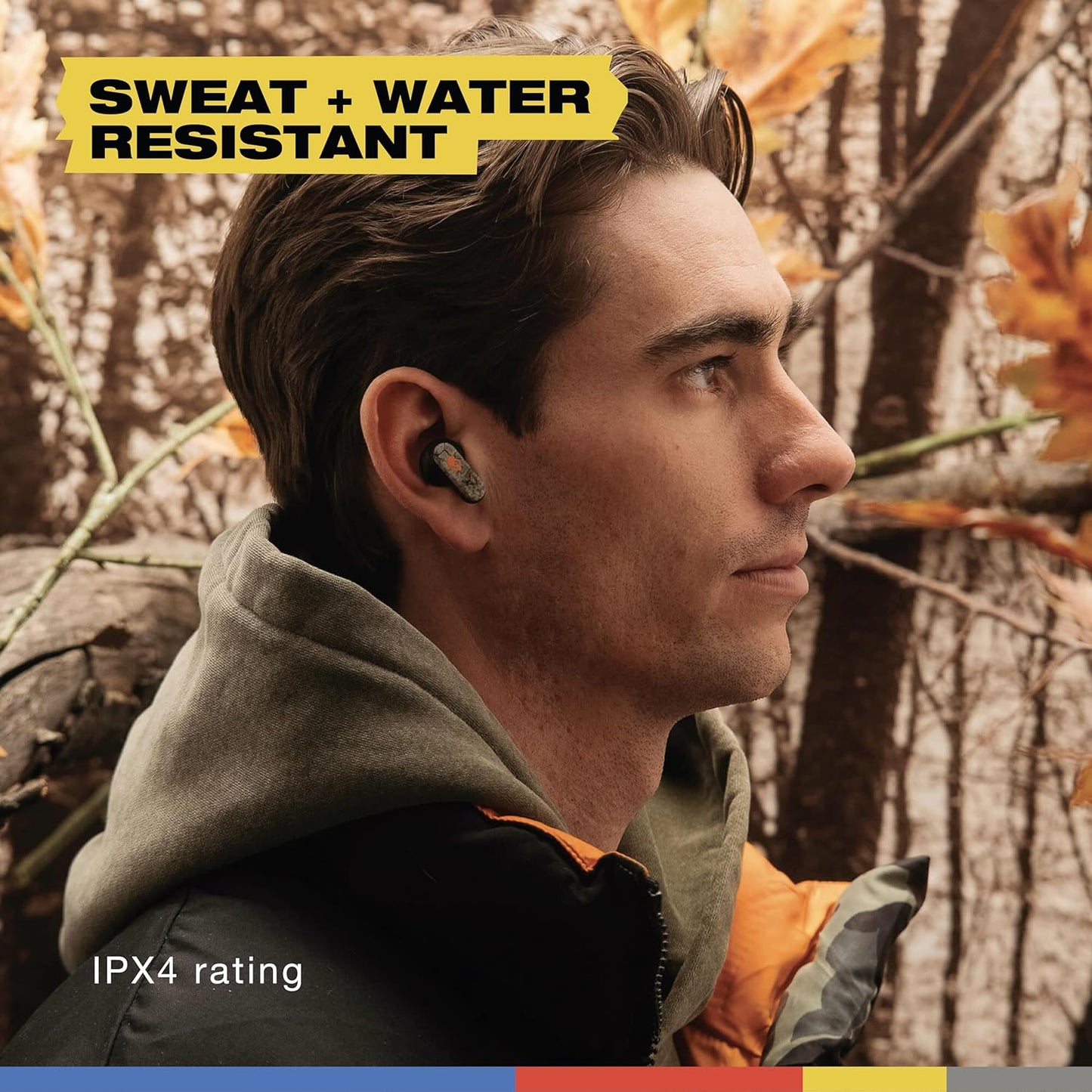 Skullcandy Dime Evo Wireless Earbuds, Bluetooth Headphones, Noise Isolating Fit, Up to 36 Hours Battery, Microphone, Easy Carry with Clip-Anywhere Case - Realtree APX Black/Orange