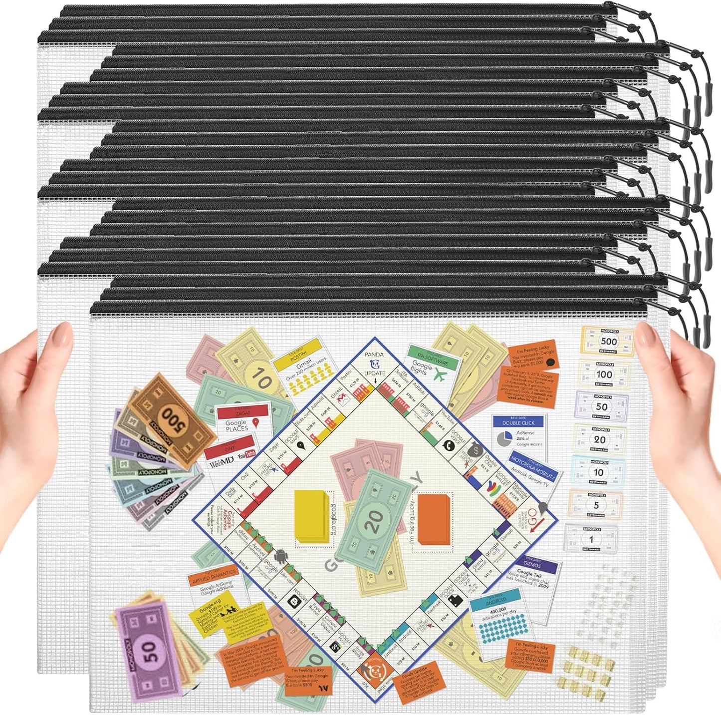 24pcs Mesh Zipper Pouch, Puzzle Storage Bags, A3 17x12 Inches Large Reusable Zipper Pouches for for Classroom Office Supplies Organizing, Extra Large Zipper Bags, Board Game Storage