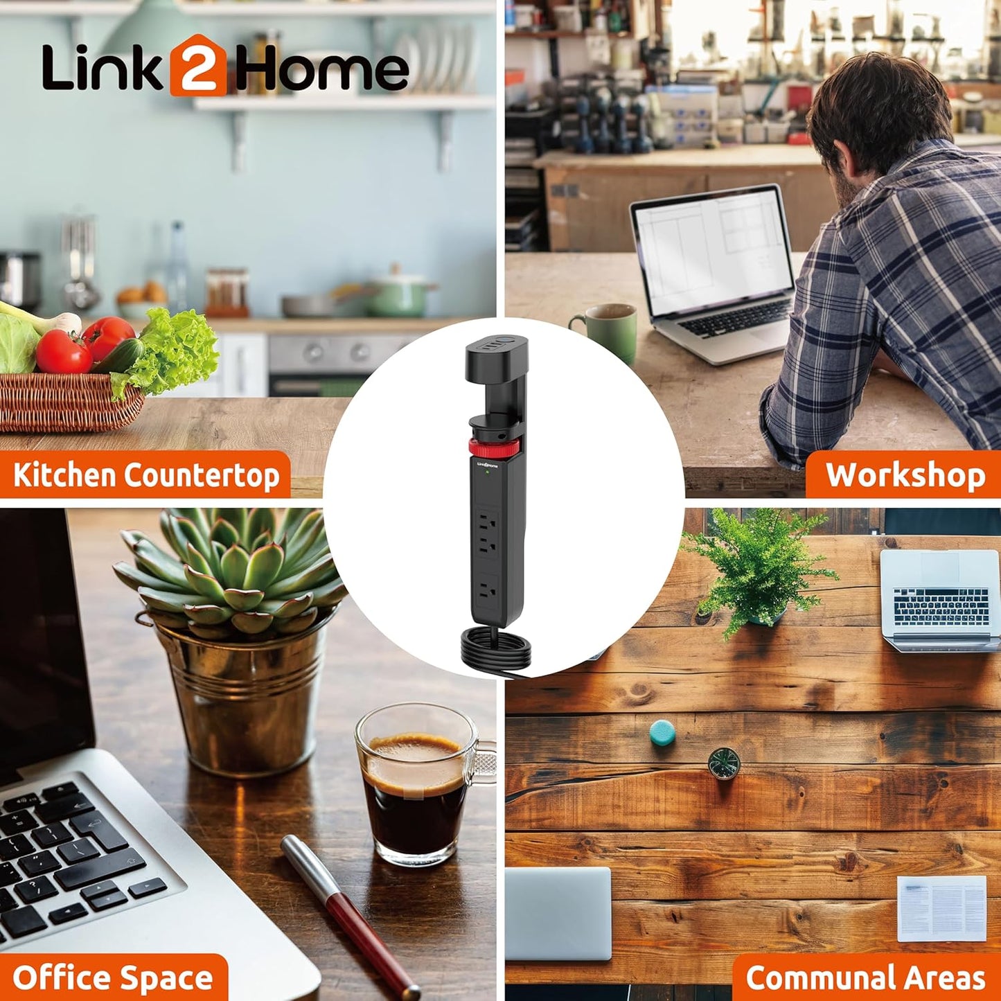 Link2Home Clamp-On Desk Power Strip with 3 Outlets, 3 USB Ports (20W PD Type-C), 6 Ft. Cord, Overload Protection, No Installation Required