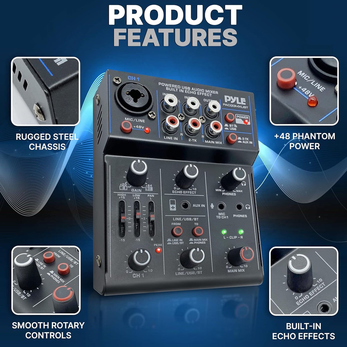 Pyle 3-Channel Professional Wireless DJ Audio Mixer - Bluetooth 5.0 - USB Interface - XLR+6.35mm Mic/Line/Guitar Input - 3.5mm Mic Input - RCA - AUX - Headphone Jack - +48V Phantom Power - PAD33MXUBT