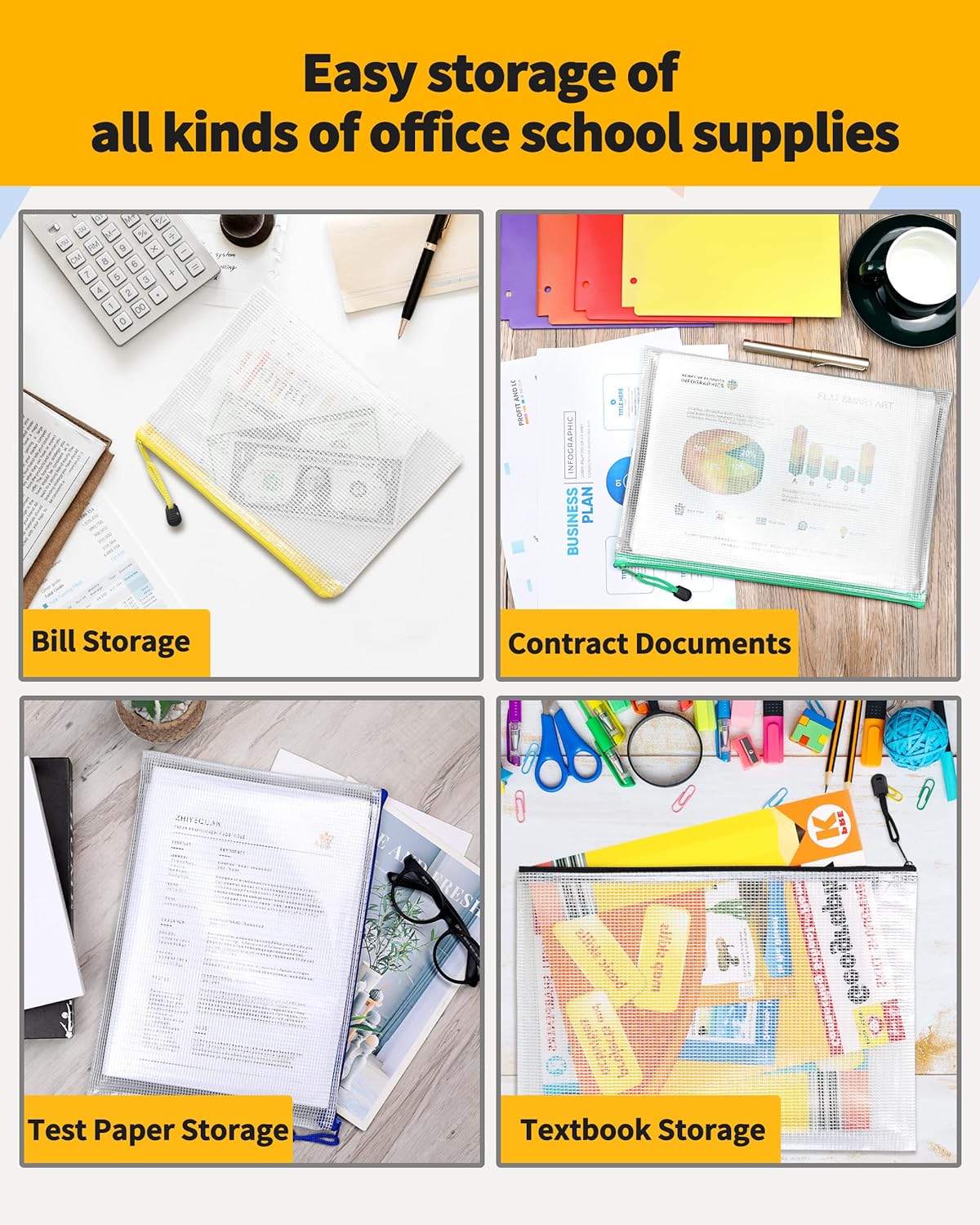 SUNEE Plastic Mesh Zipper Pouch 6x9 in (6 Colors, 12 Packs), Small Water-Resistant Zip Bag for School Office Supplies, Pencil Organizing Storage