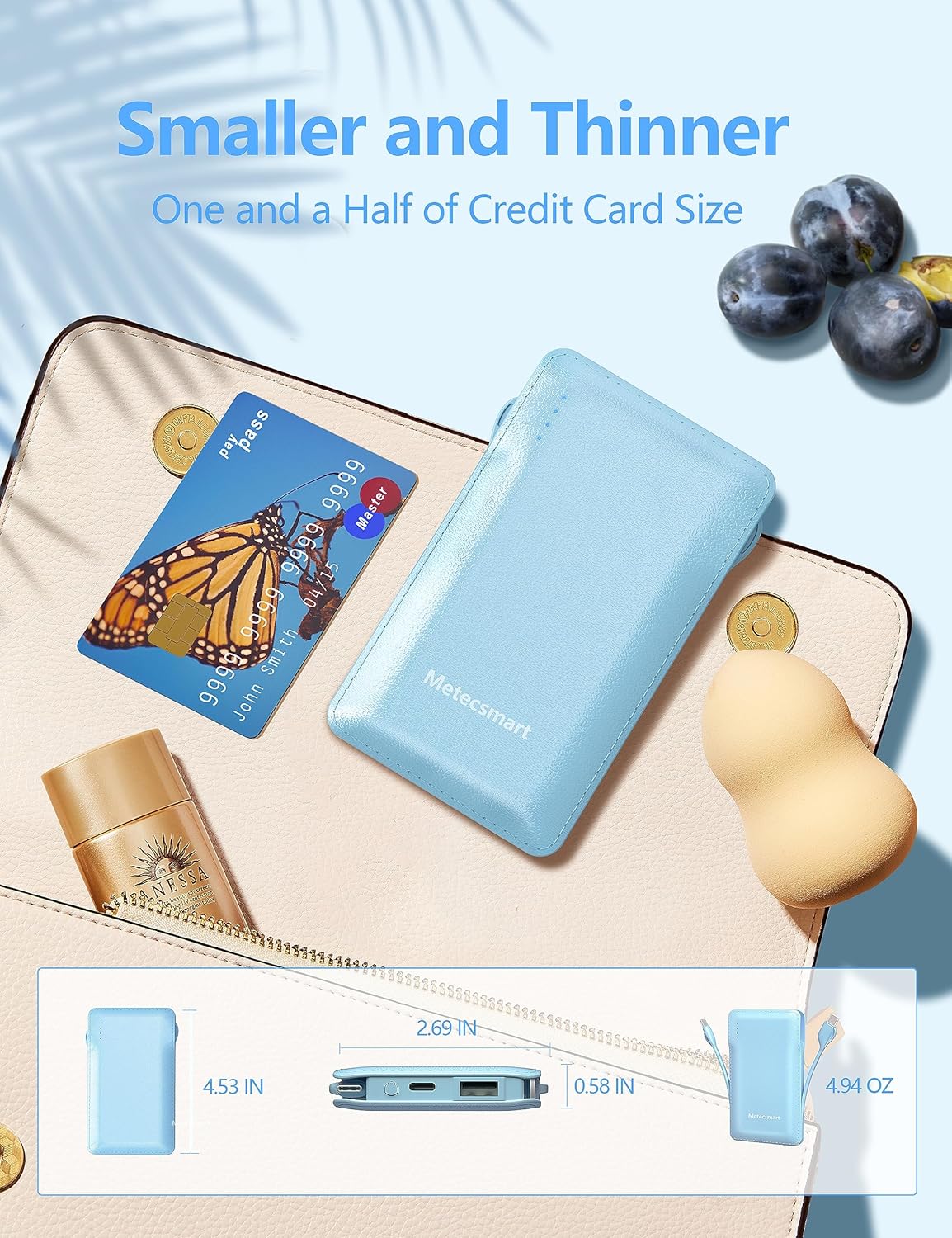 10000mAh Portable Phone Charger with Built-in 2 Cables, Small Slim Mini Power Bank Fast Charging, USB-C In/Output External Battery Pack, Travel Essentials Compatible with Android/IOS Phones