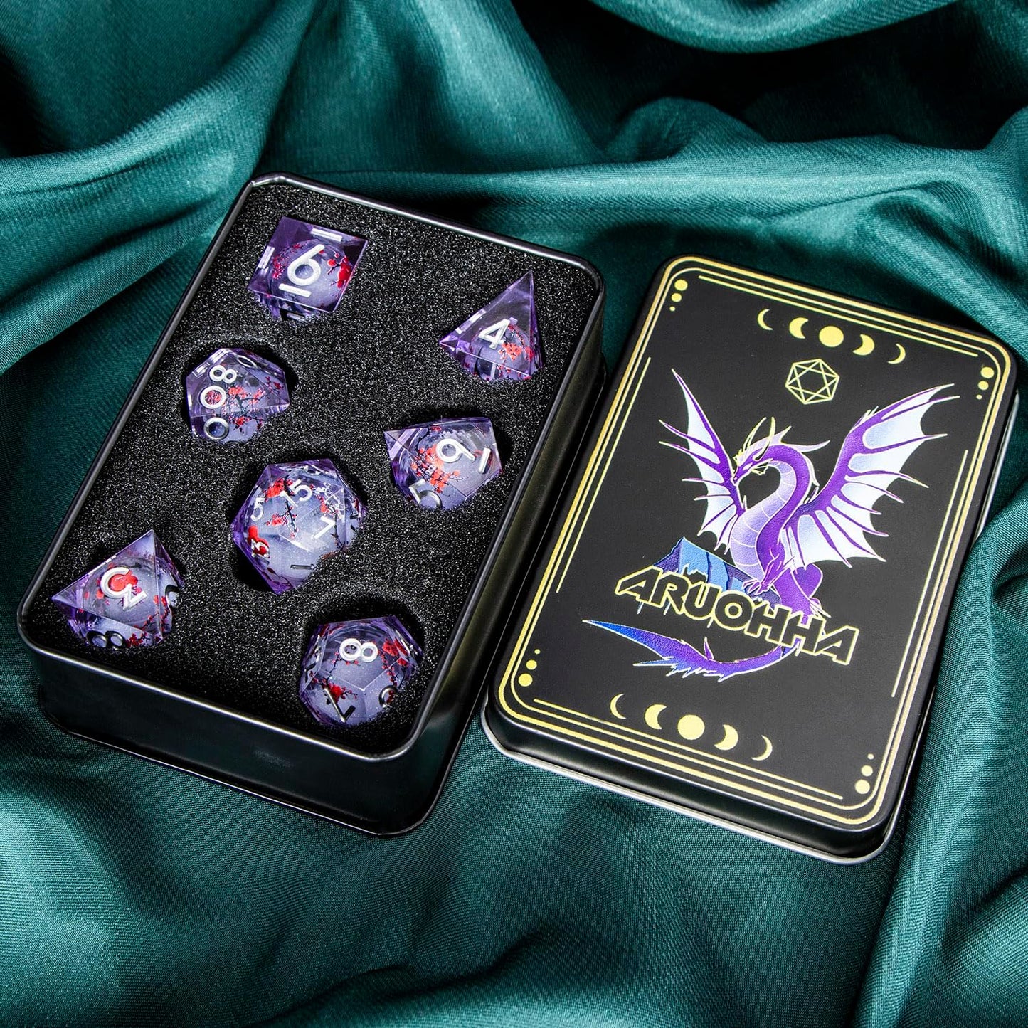 ARUOHHA DND Resin Dice Plum Blossom Liquid Core Silver Purple Sharp Edged Polyhedral Dragons Dice Set with Gift Box, Dungeons D and D Dice Compatible with D&D Role Playing Game D20 D12 D8 D6 D4