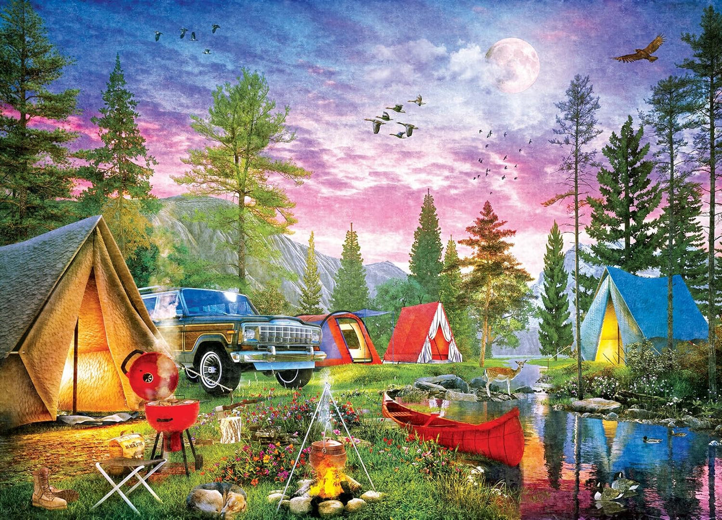 MasterPieces 1000 Piece Wildlife Jigsaw Puzzle for Adults - Mossy Oak River Camp Twilight - Camping Scene 19.25"x26.75"