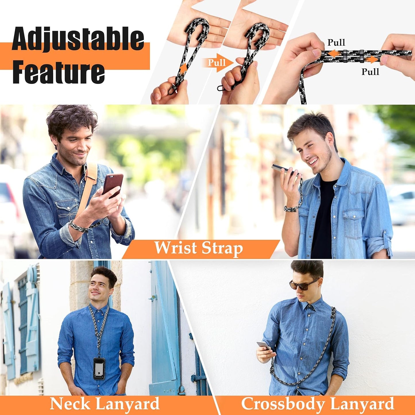 Universal Phone Lanyard with Wrist Strap, Adjustable Crossbody Cell Phone Lanyard Neck Strap and Wristlet Strap with 2 Lobster Clips, Phone Tether Patches and Phone Straps (Black/White/Gray, 2 Pack)