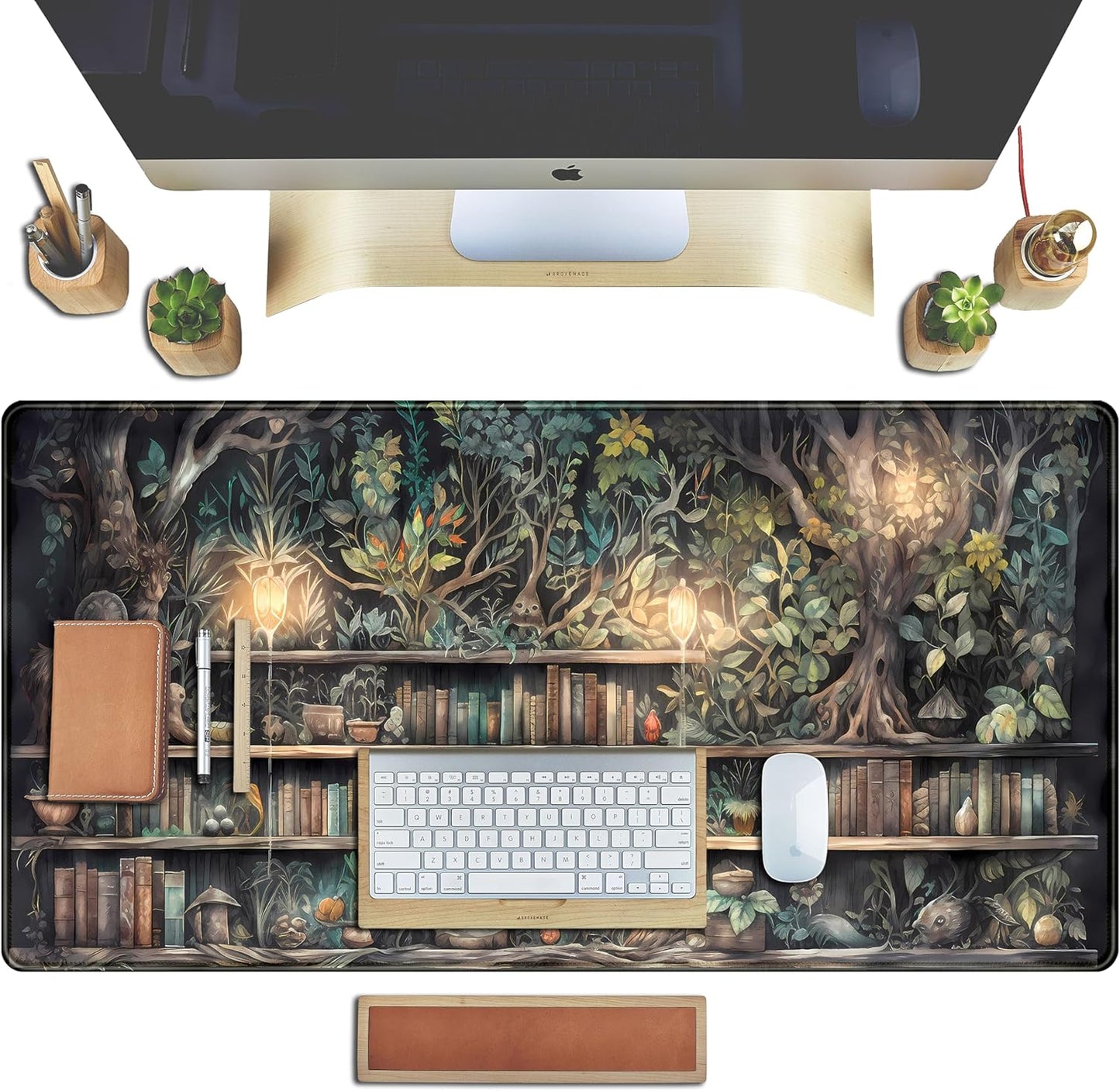 Forest Library Book Mouse Pad Desk Mat, Mystical Green Tree House XXL Extended Large Gaming Desk Pad Mousepad Computer Laptop Keyboard and Mouse Mat, Office Desk Decor Pad for Women 31.5x15.7 in