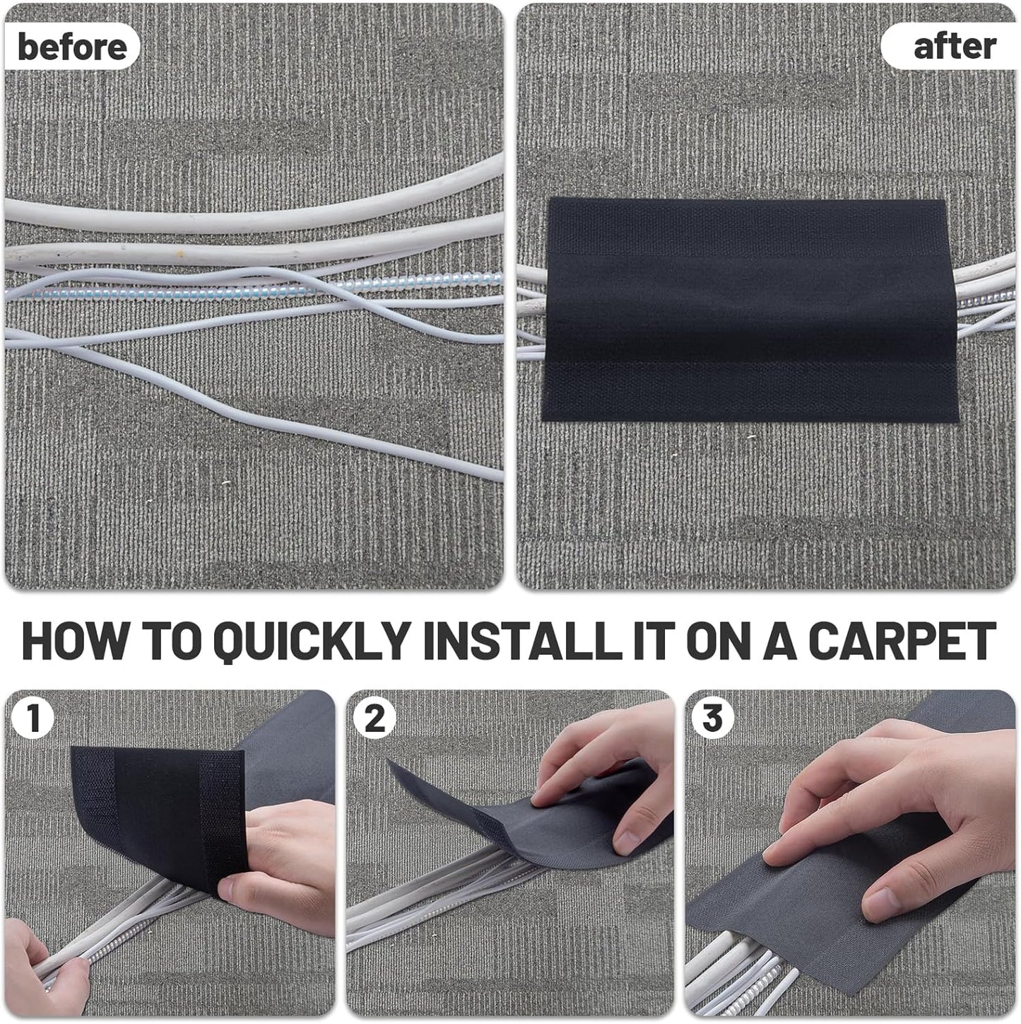 IHKFILAN Carpet Cord Cover Carpet Cable Management Under Desk Cable Grip Strip Black Hook and Loop Tape Cable Polyester Cover Protect Cables to Prevent Tripping Over Wires for Homes & Office (30ft)