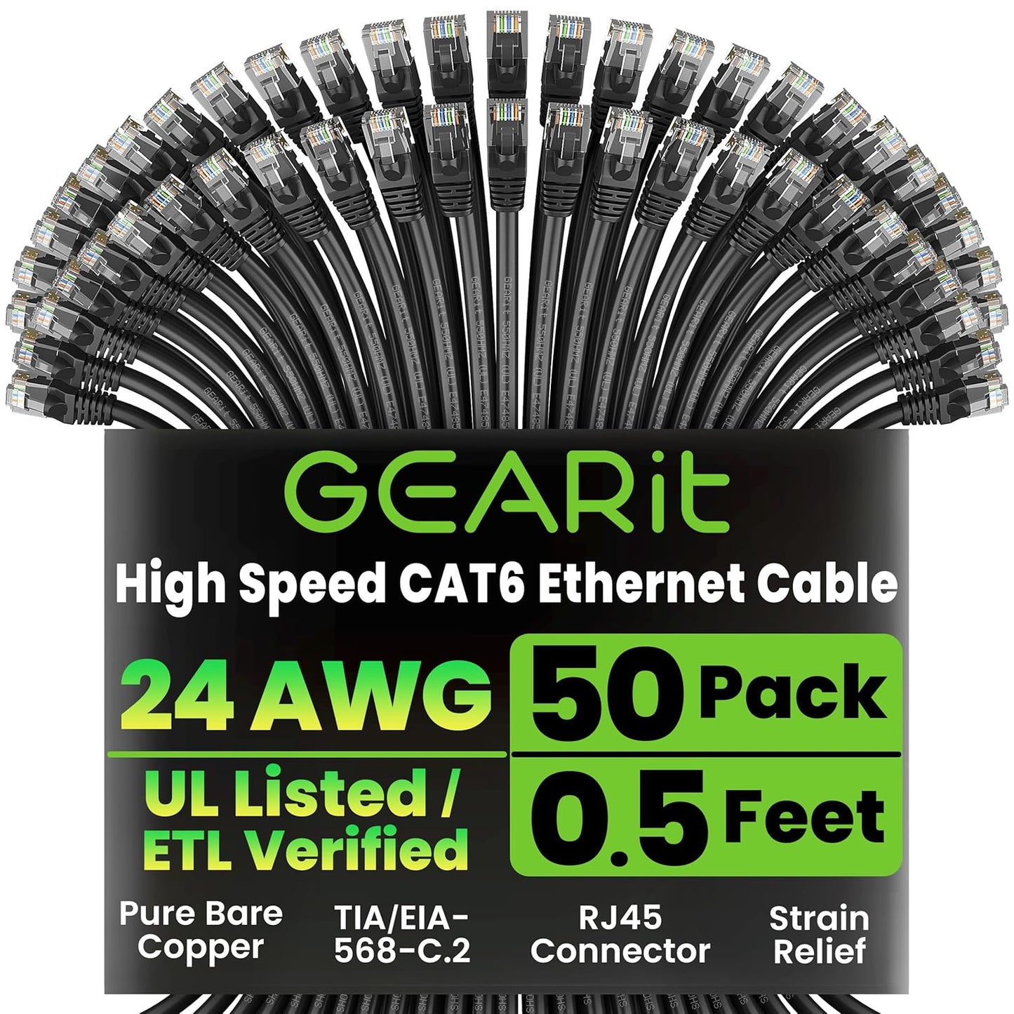 GEARit Cat 6 Ethernet Cable Pack - 50-Pack 0.5 ft Cat6 Ethernet Patch Cables | RJ45 Network Patch Cable, 10 Gbps Snagless Gold-Plated Connectors - Ethernet Cable Cat 6 for PC, TV, Router - Black